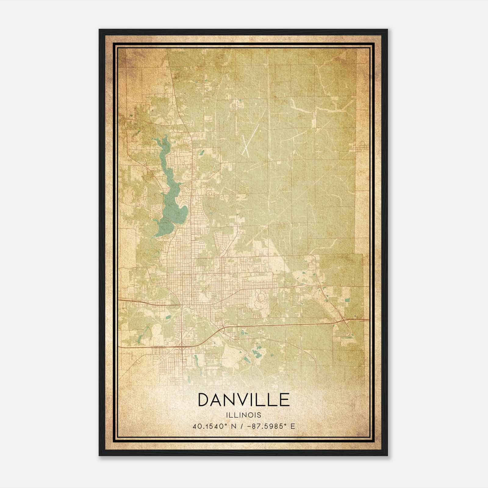 Vintage Danville Illinois Map Poster, Modern Home Decor Wall Art Print