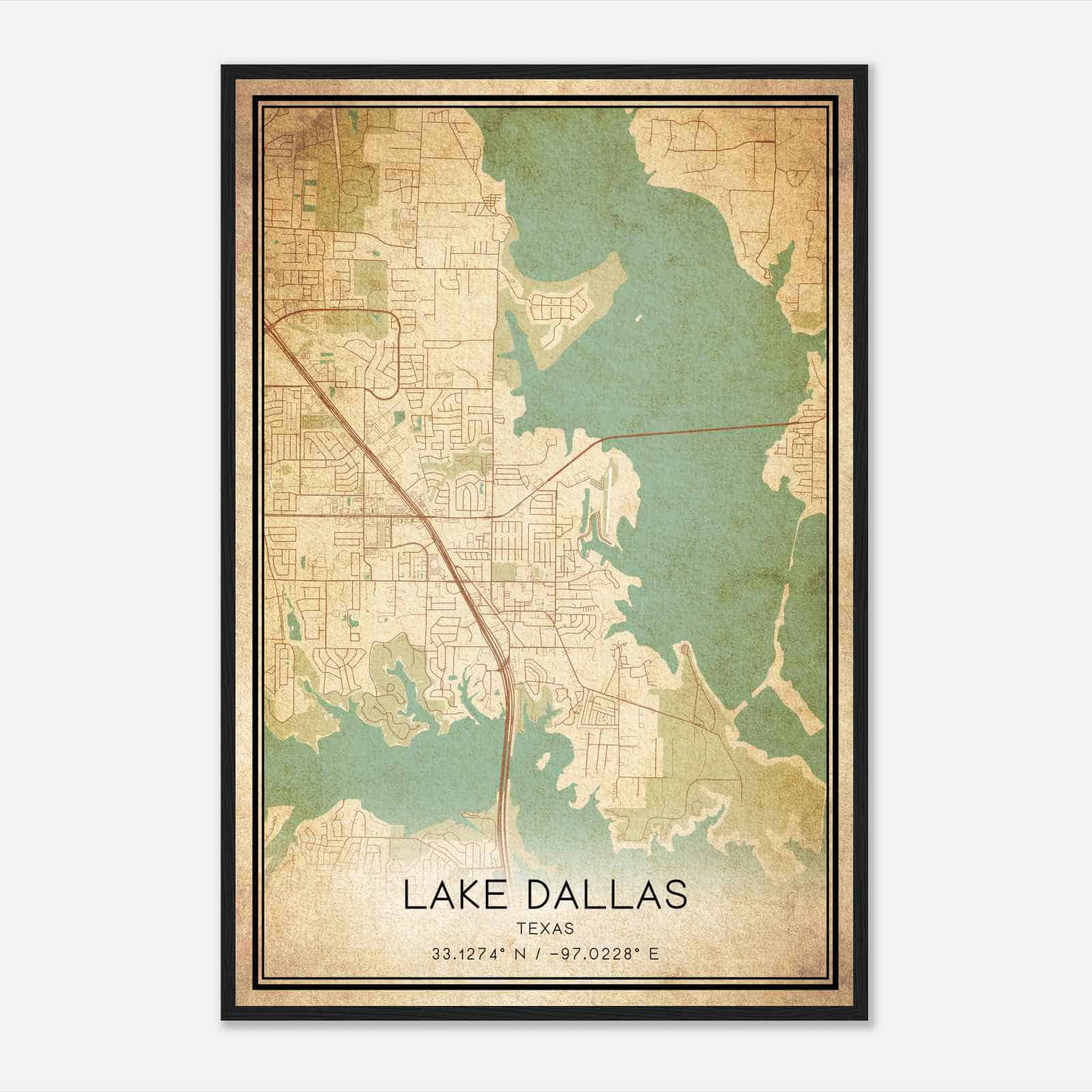 Vintage Lake Dallas Texas Map Poster, Modern Home Decor Wall Art Print