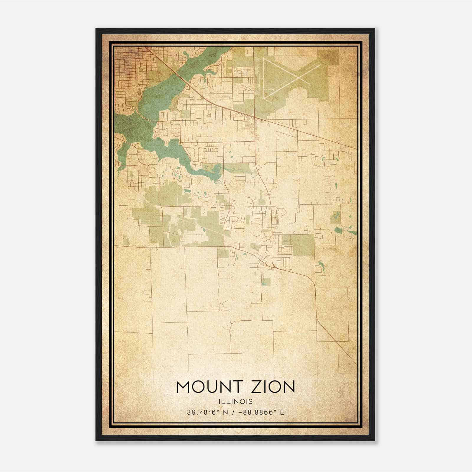 Vintage Mount Zion Illinois Map Poster, Modern Home Decor Wall Art Print