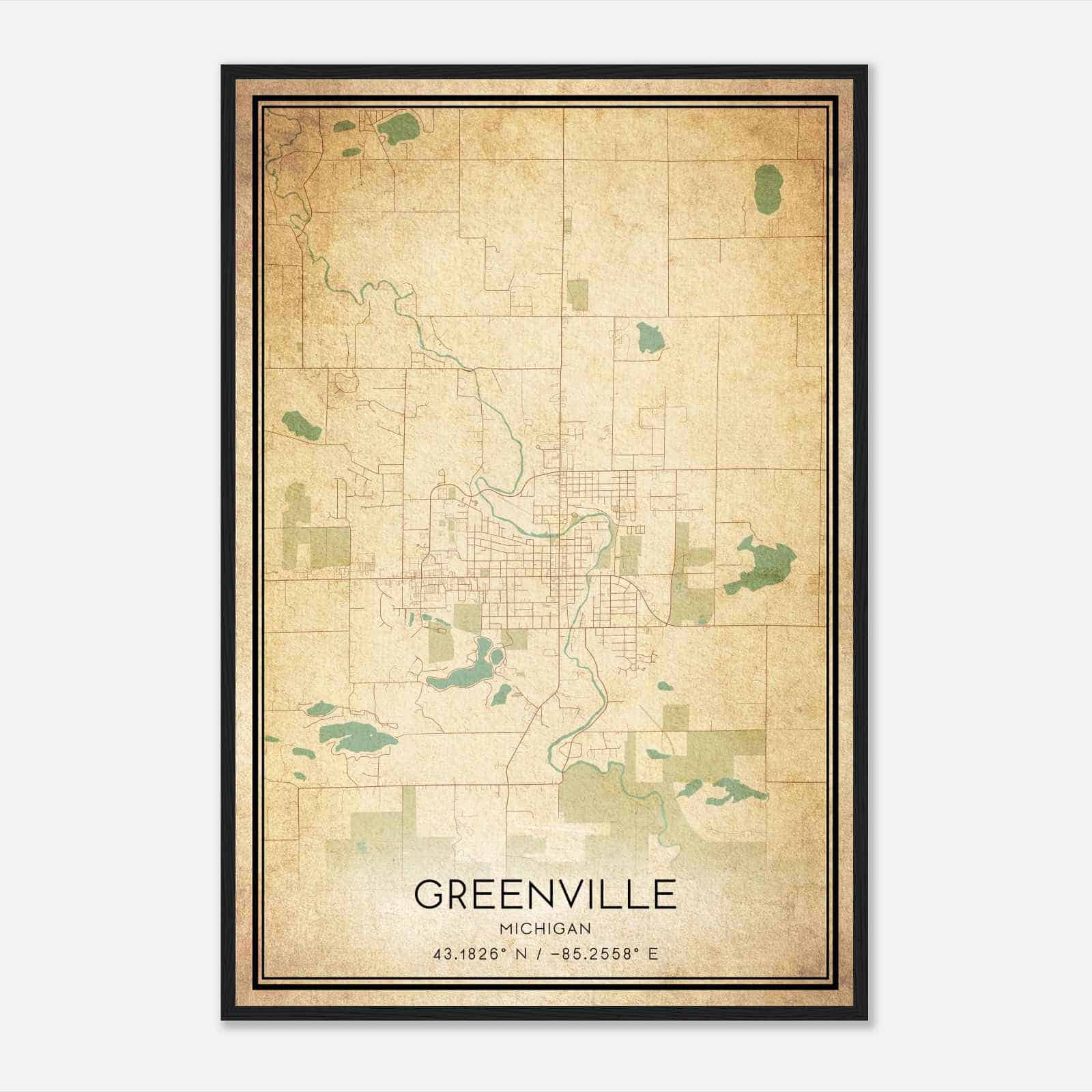 Vintage Greenville Michigan Map Poster, Modern Home Decor Wall Art Print