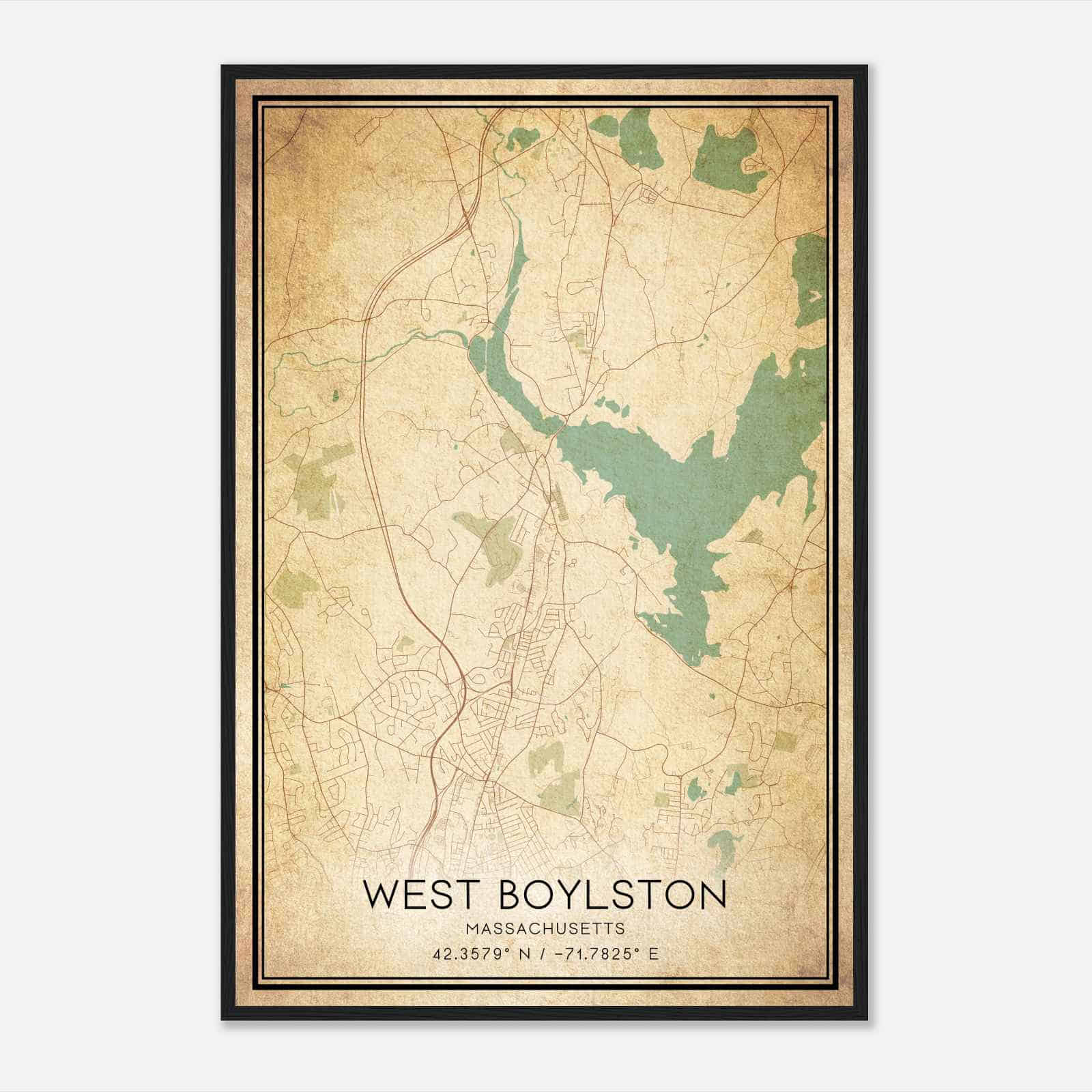 Vintage West Boylston Massachusetts Map Poster, Modern Home Decor Wall Art Print