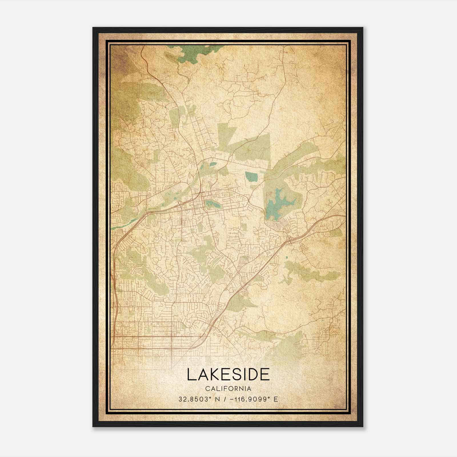 Vintage Lakeside California Map Poster, Modern Home Decor Wall Art Print