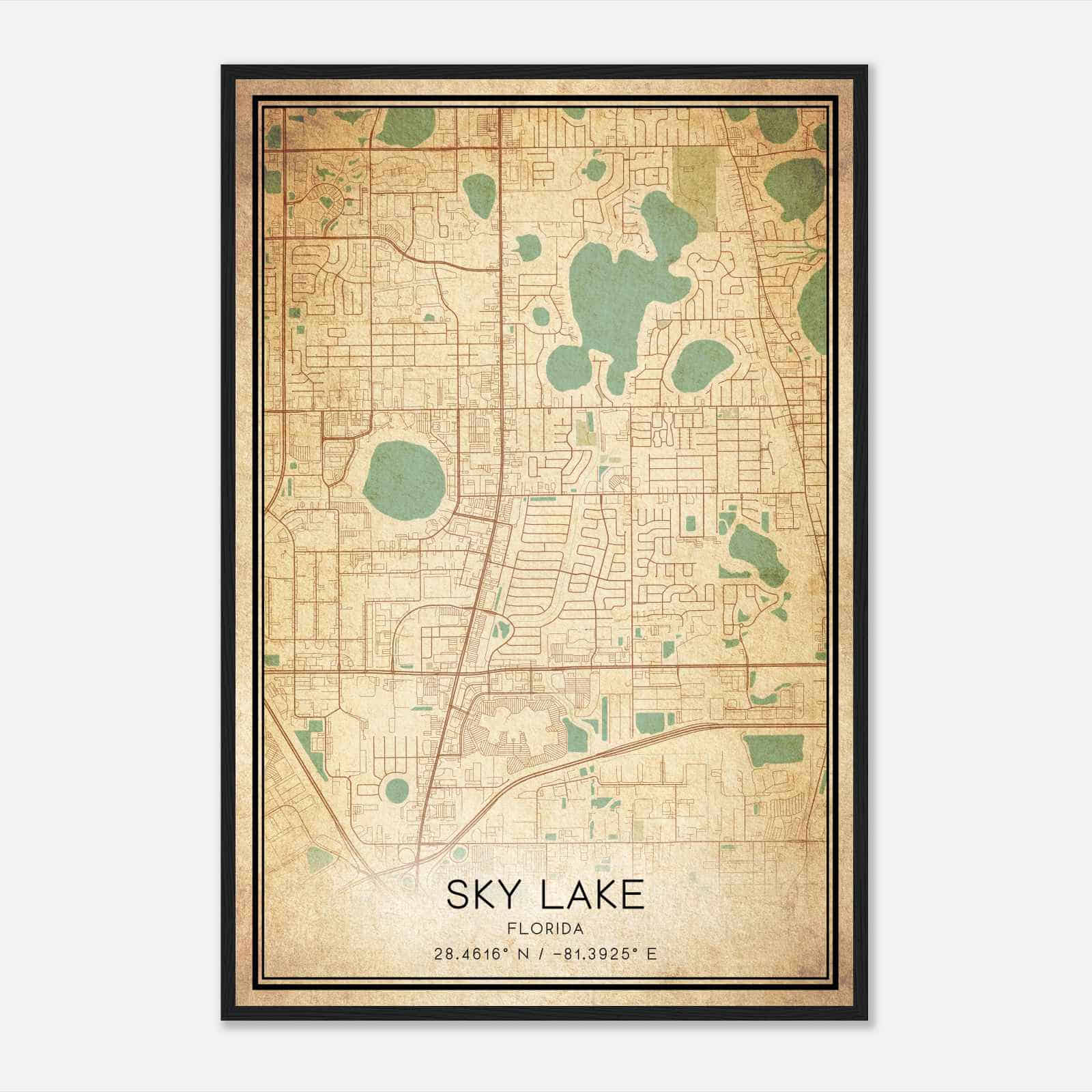 Vintage Sky Lake Florida Map Poster, Modern Home Decor Wall Art Print