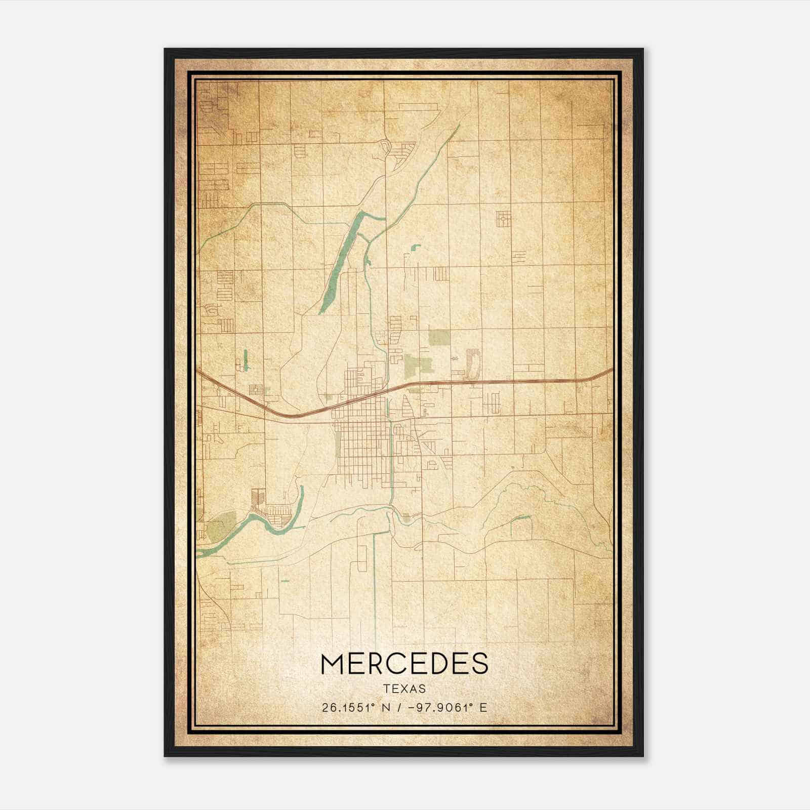 Vintage Mercedes Texas Map Poster, Modern Home Decor Wall Art Print