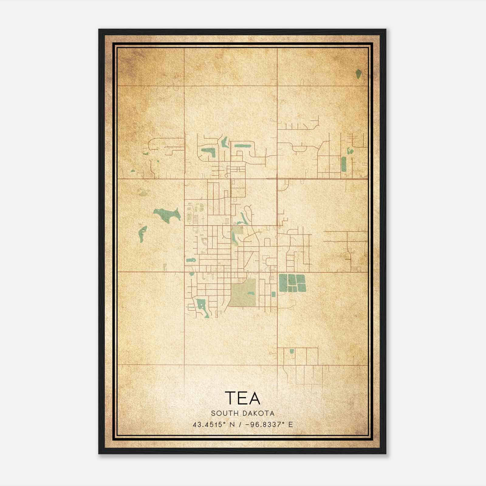 Vintage Tea South Dakota Map Poster, Modern Home Decor Wall Art Print