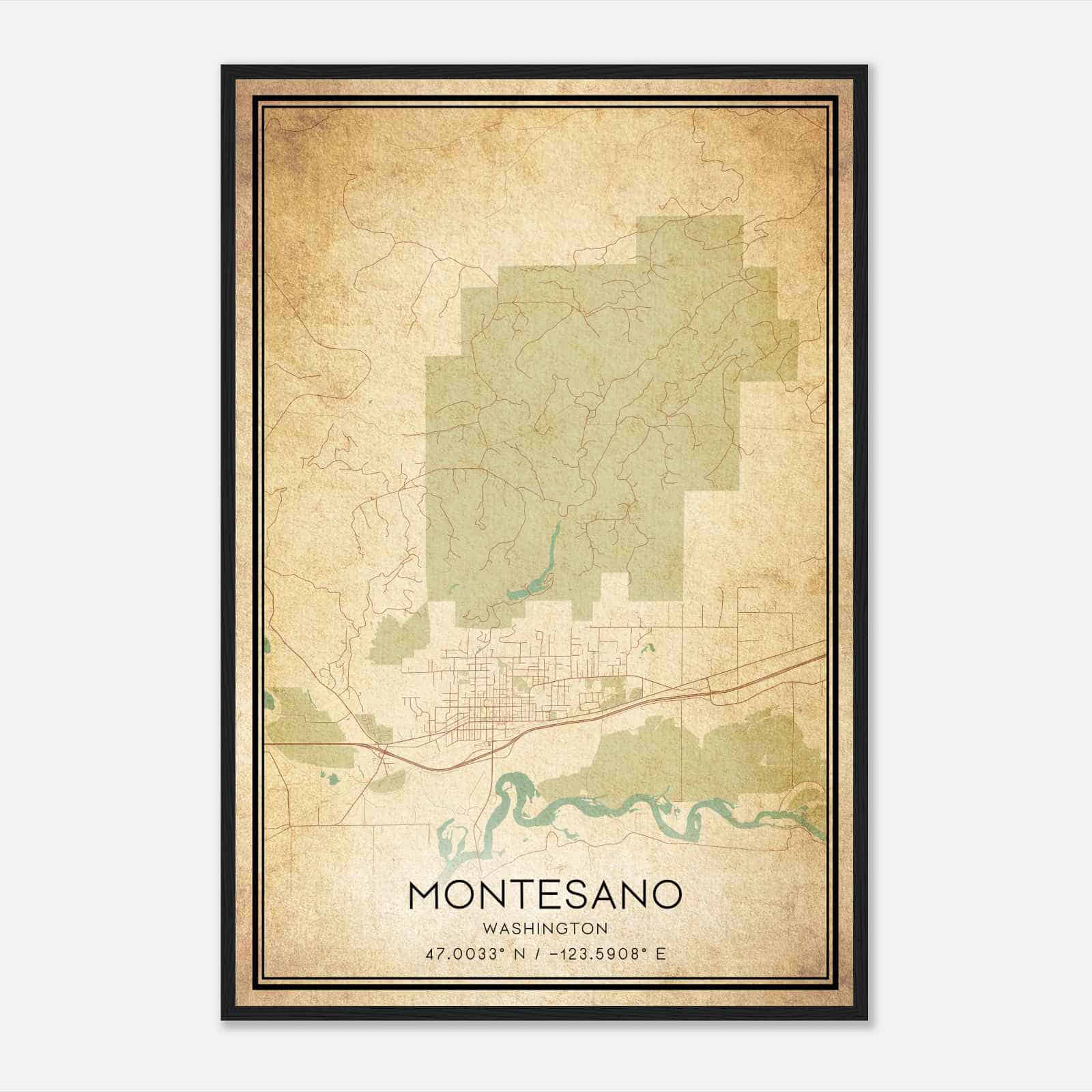 Vintage Montesano Washington Map Poster, Modern Home Decor Wall Art Print