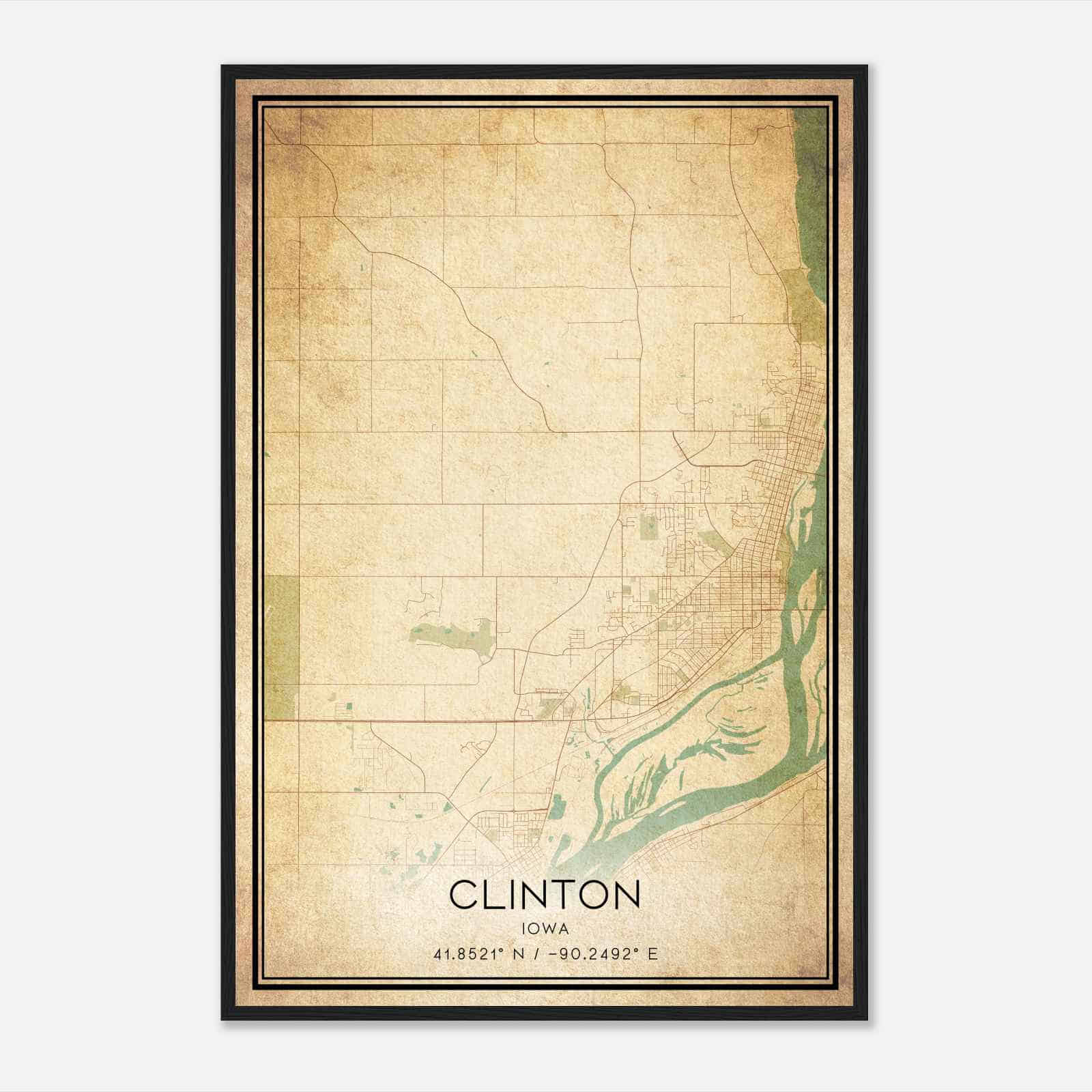 Vintage Clinton Iowa Map Poster, Modern Home Decor Wall Art Print