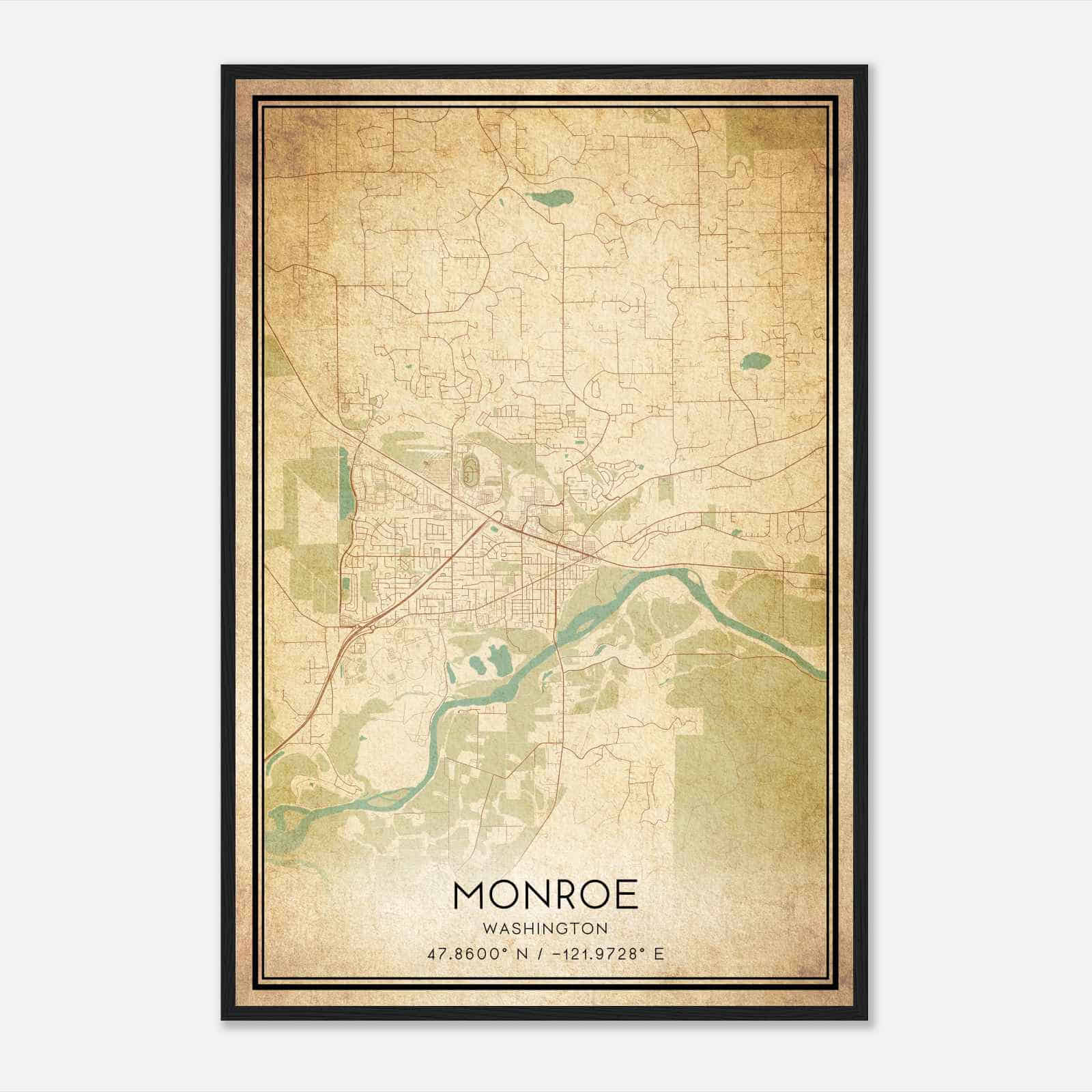Vintage Monroe Washington Map Poster, Modern Home Decor Wall Art Print