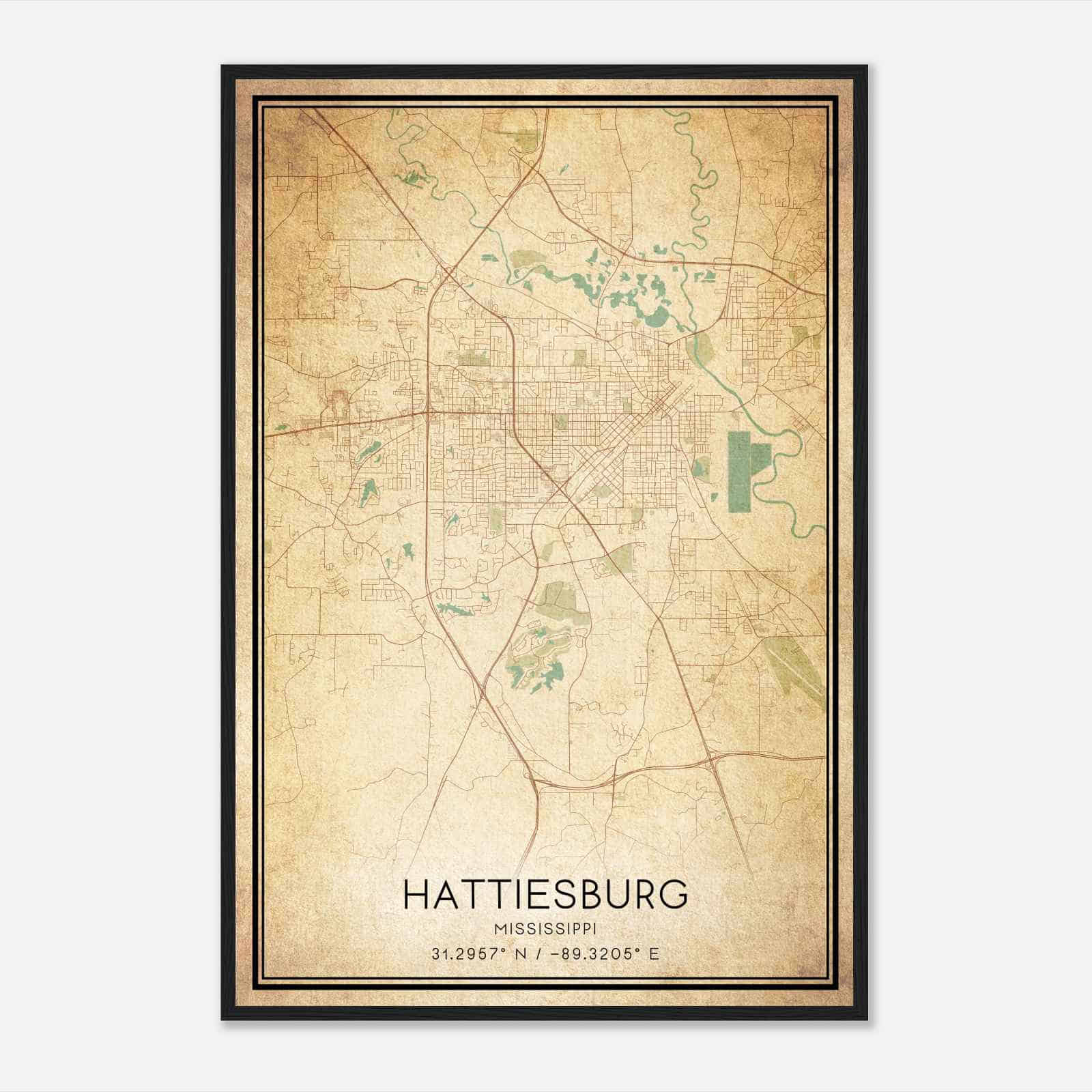 Vintage Hattiesburg Mississippi Map Poster, Modern Home Decor Wall Art Print