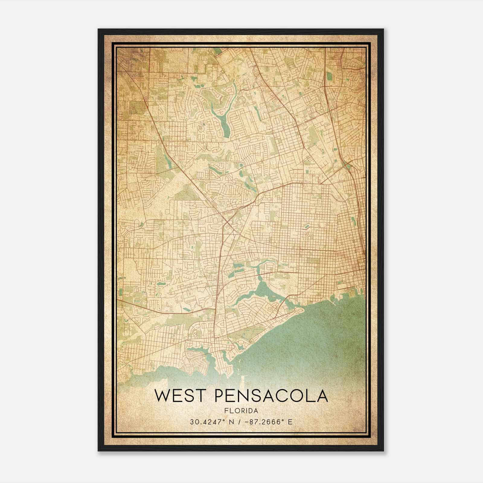 Vintage West Pensacola Florida Map Poster, Modern Home Decor Wall Art Print