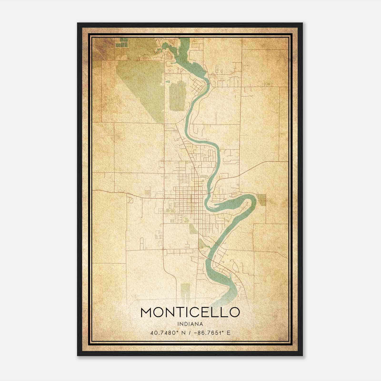 Vintage Monticello Indiana Map Poster, Modern Home Decor Wall Art Print