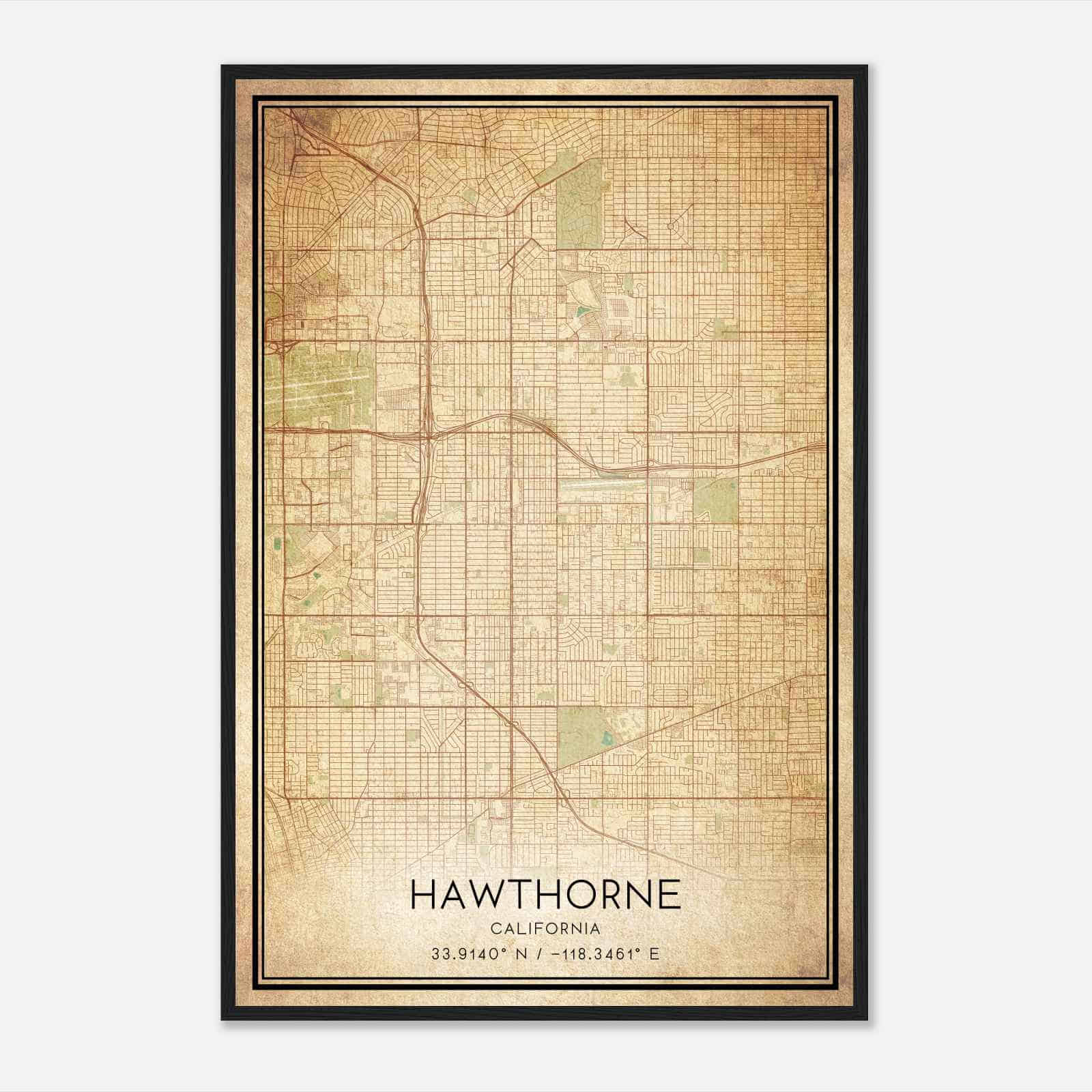Vintage Hawthorne California Map Poster, Modern Home Decor Wall Art Print