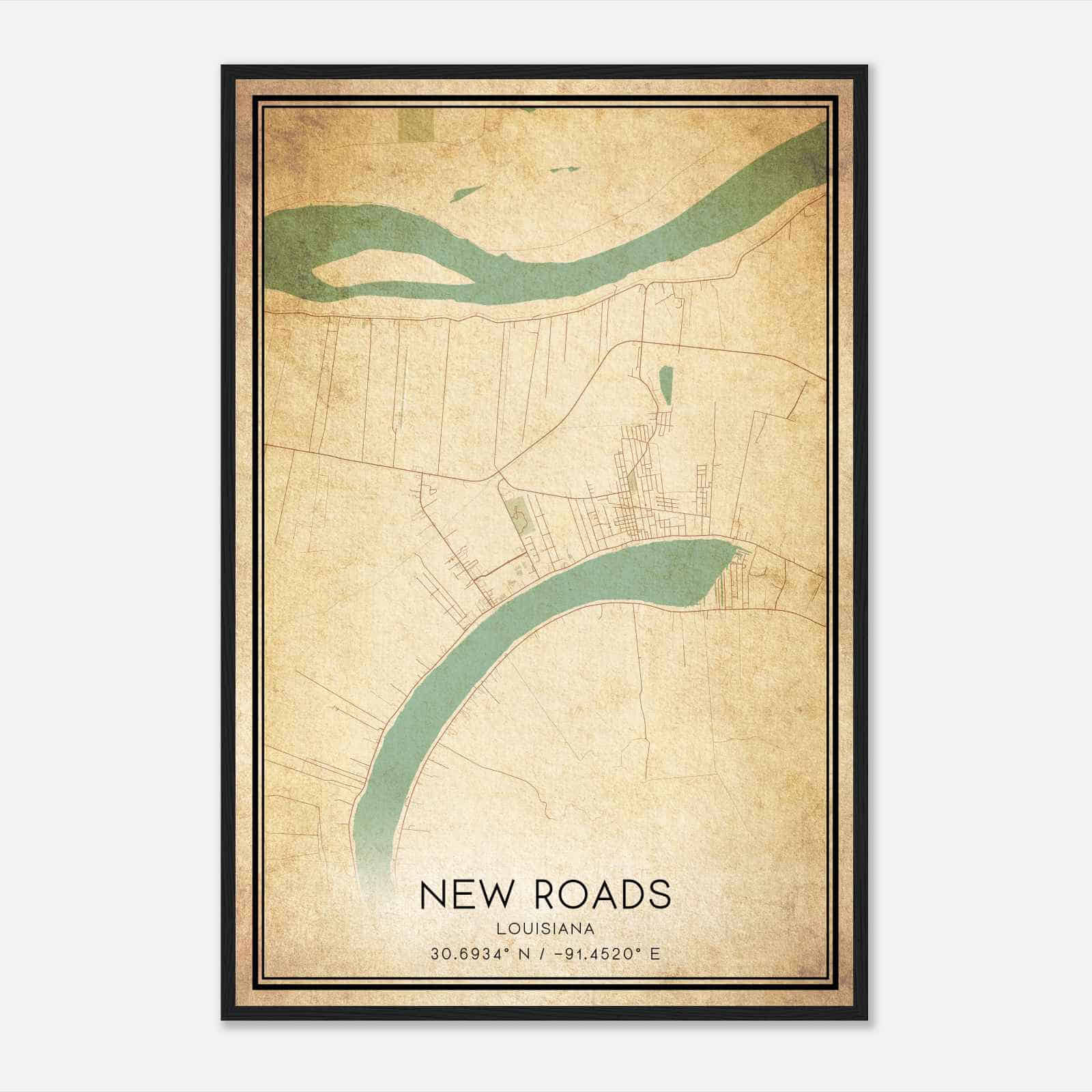 Vintage New Roads Louisiana Map Poster, Modern Home Decor Wall Art Print