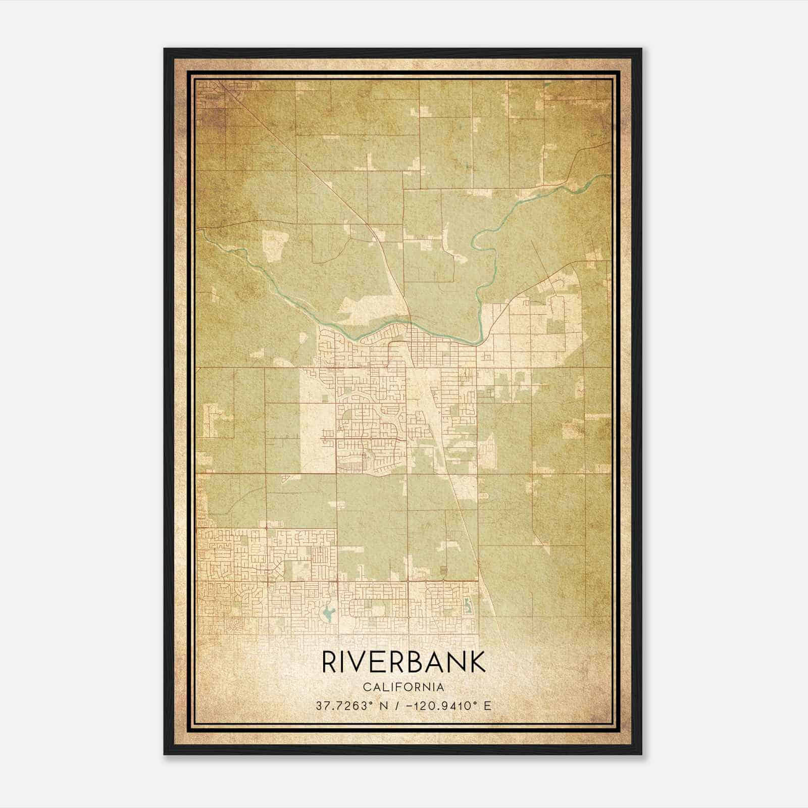 Vintage Riverbank California Map Poster, Modern Home Decor Wall Art Print