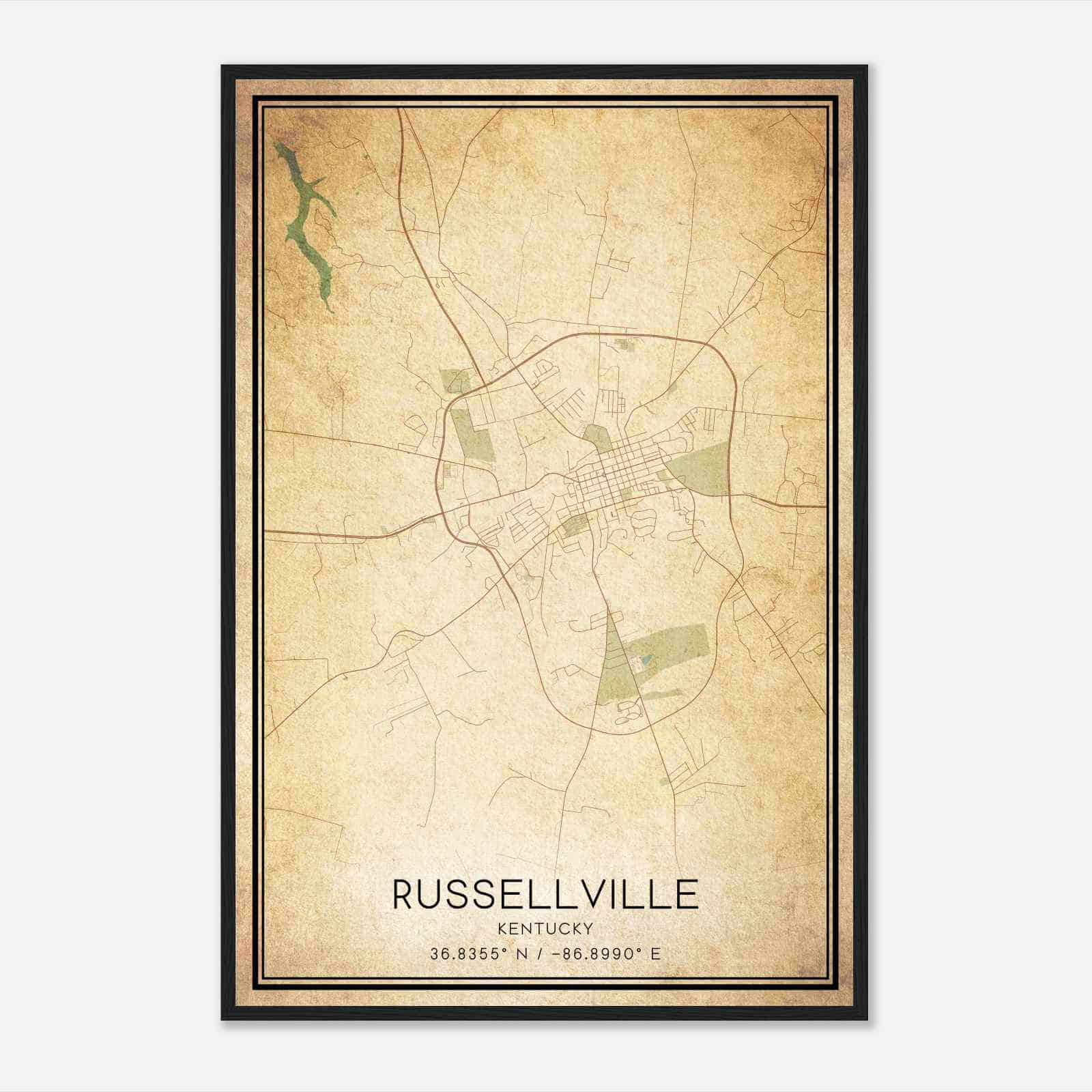 Vintage Russellville Kentucky Map Poster, Modern Home Decor Wall Art Print