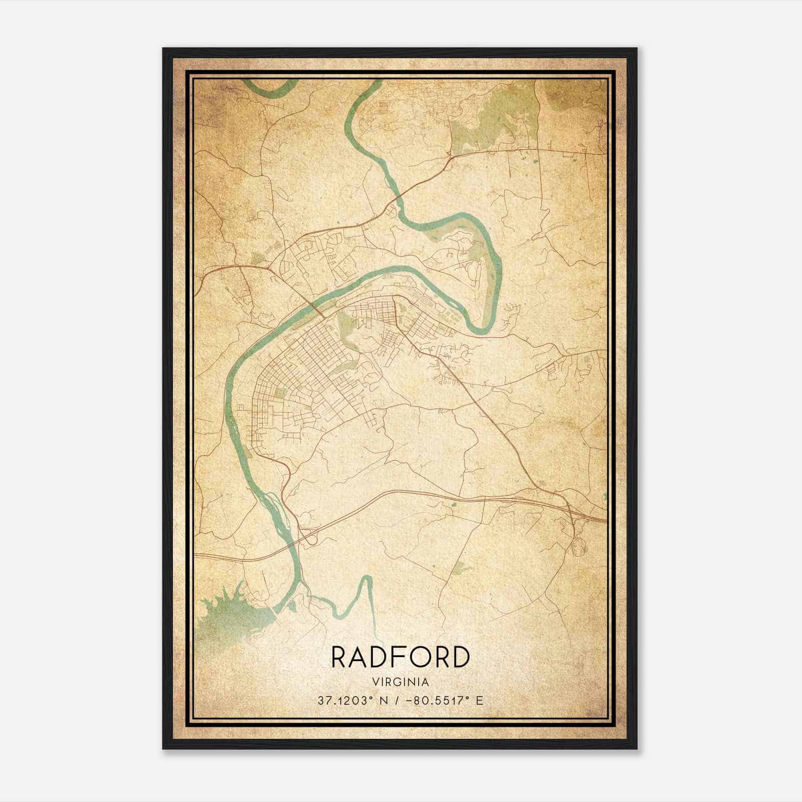 Vintage Radford Virginia Map Poster, Modern Home Decor Wall Art Print