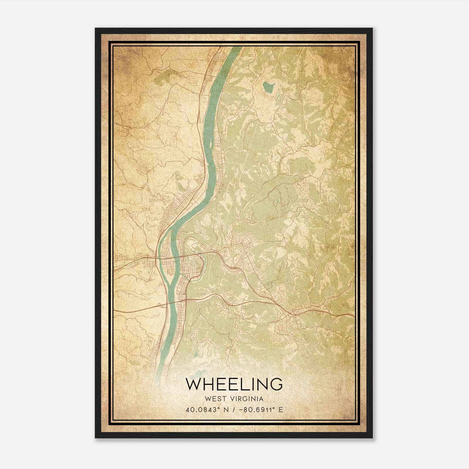 Vintage Wheeling West Virginia Map Poster, Modern Home Decor Wall Art Print