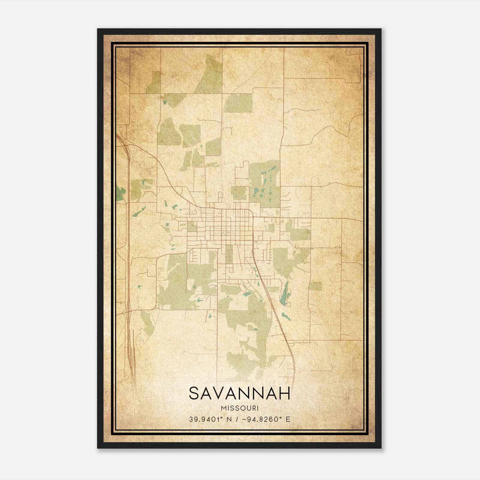 Vintage Savannah Missouri Map Poster, Modern Home Decor Wall Art Print