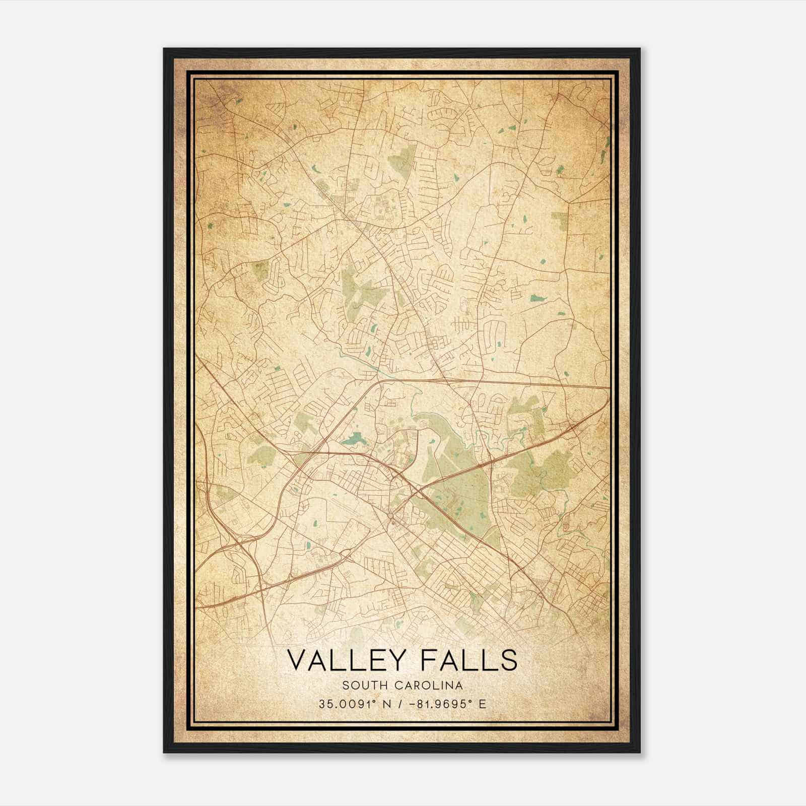 Vintage Valley Falls South Carolina Map Poster, Modern Home Decor Wall Art Print