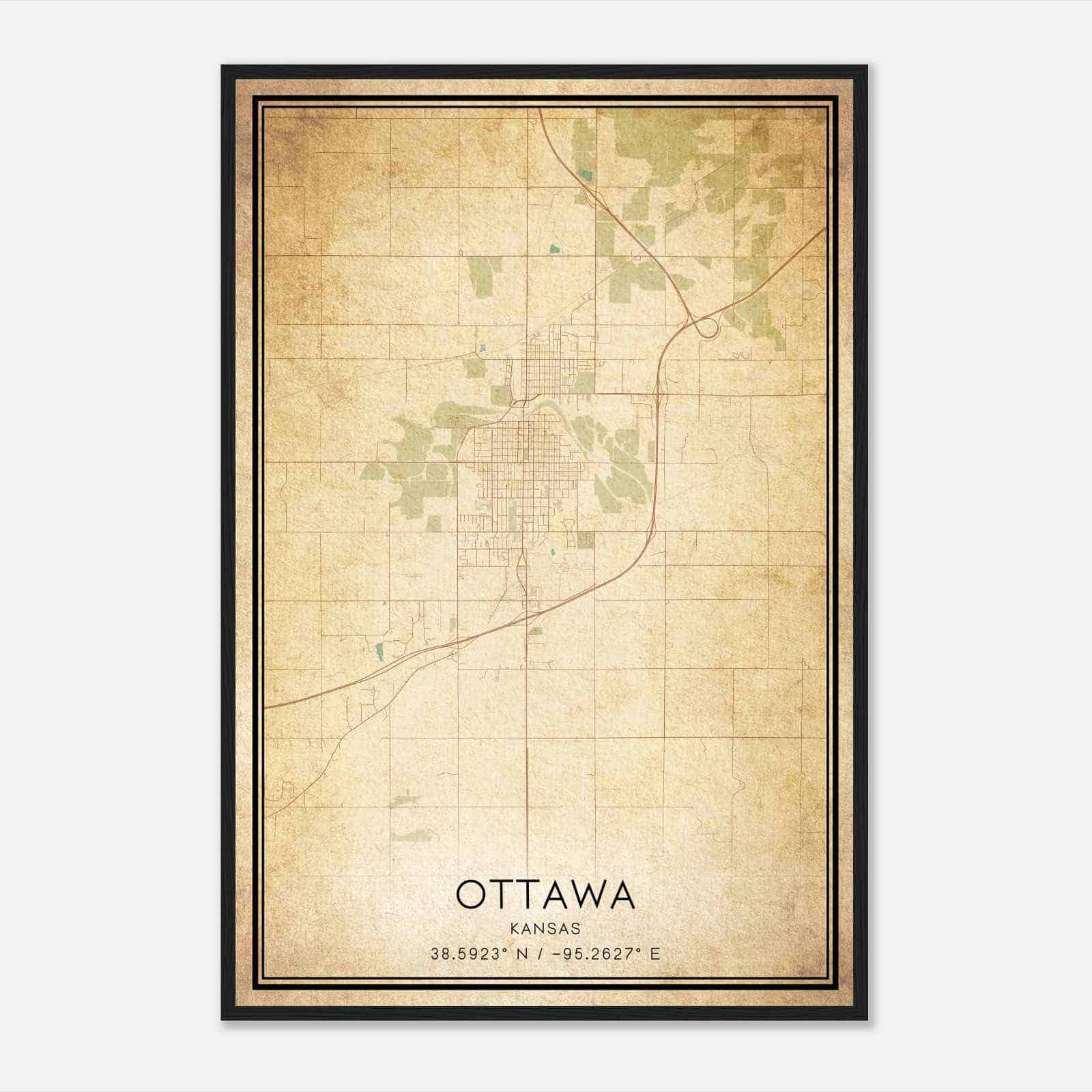 Vintage Ottawa Kansas Map Poster, Modern Home Decor Wall Art Print