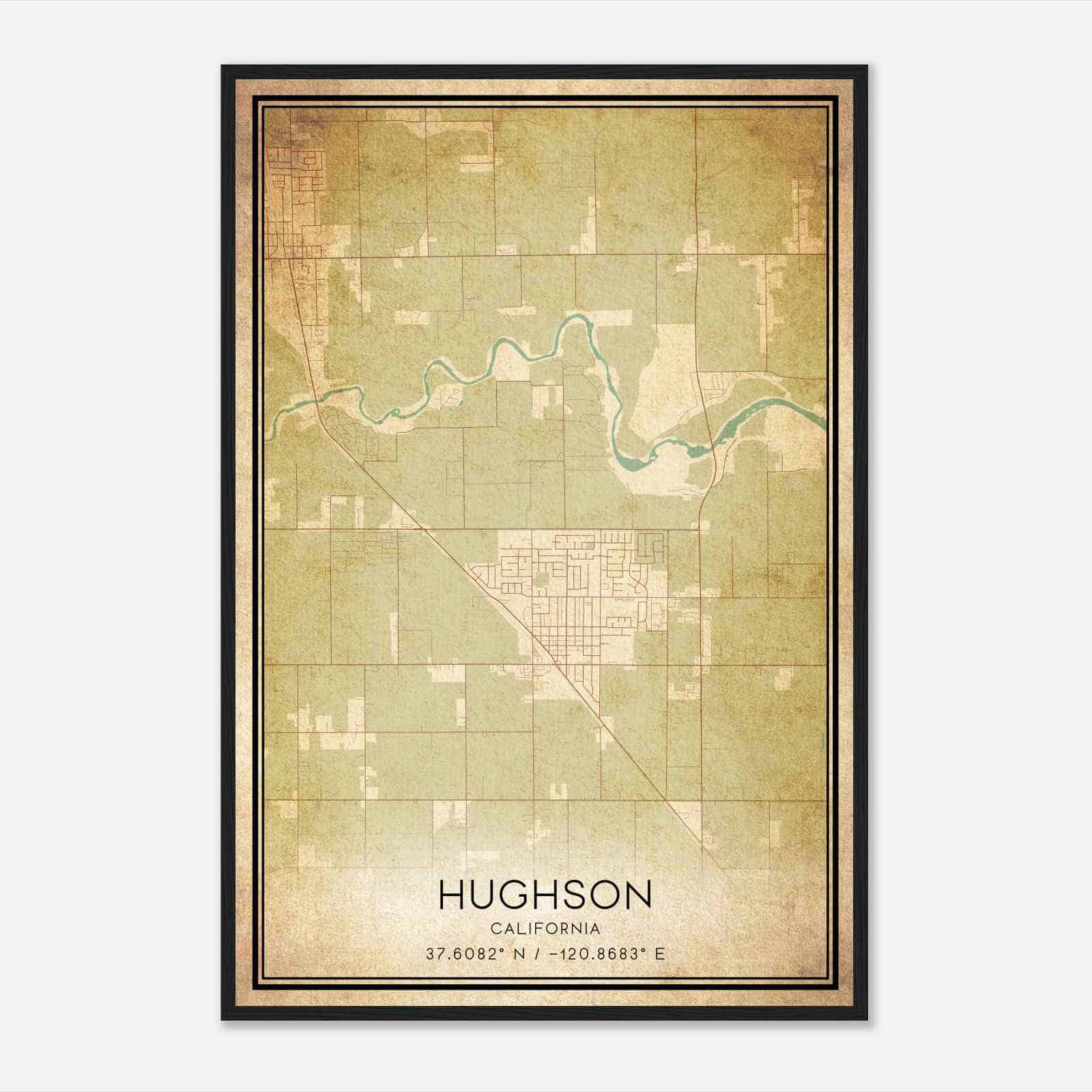 Vintage Hughson California Map Poster, Modern Home Decor Wall Art Print