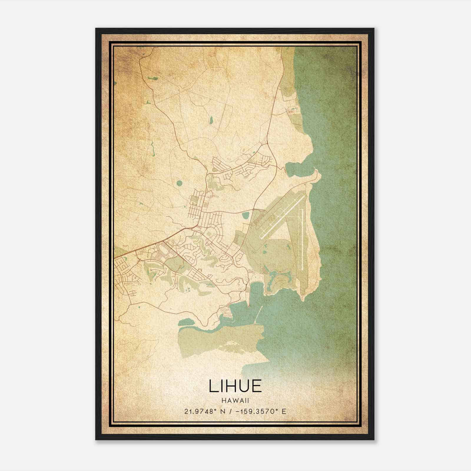 Vintage Lihue Hawaii Map Poster, Modern Home Decor Wall Art Print