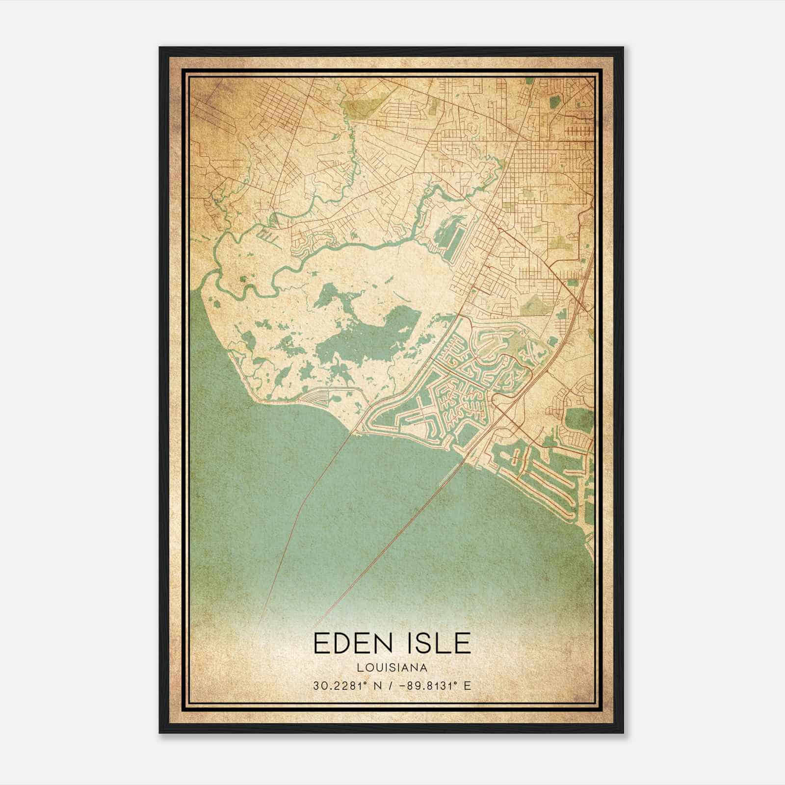 Vintage Eden Isle Louisiana Map Poster, Modern Home Decor Wall Art Print