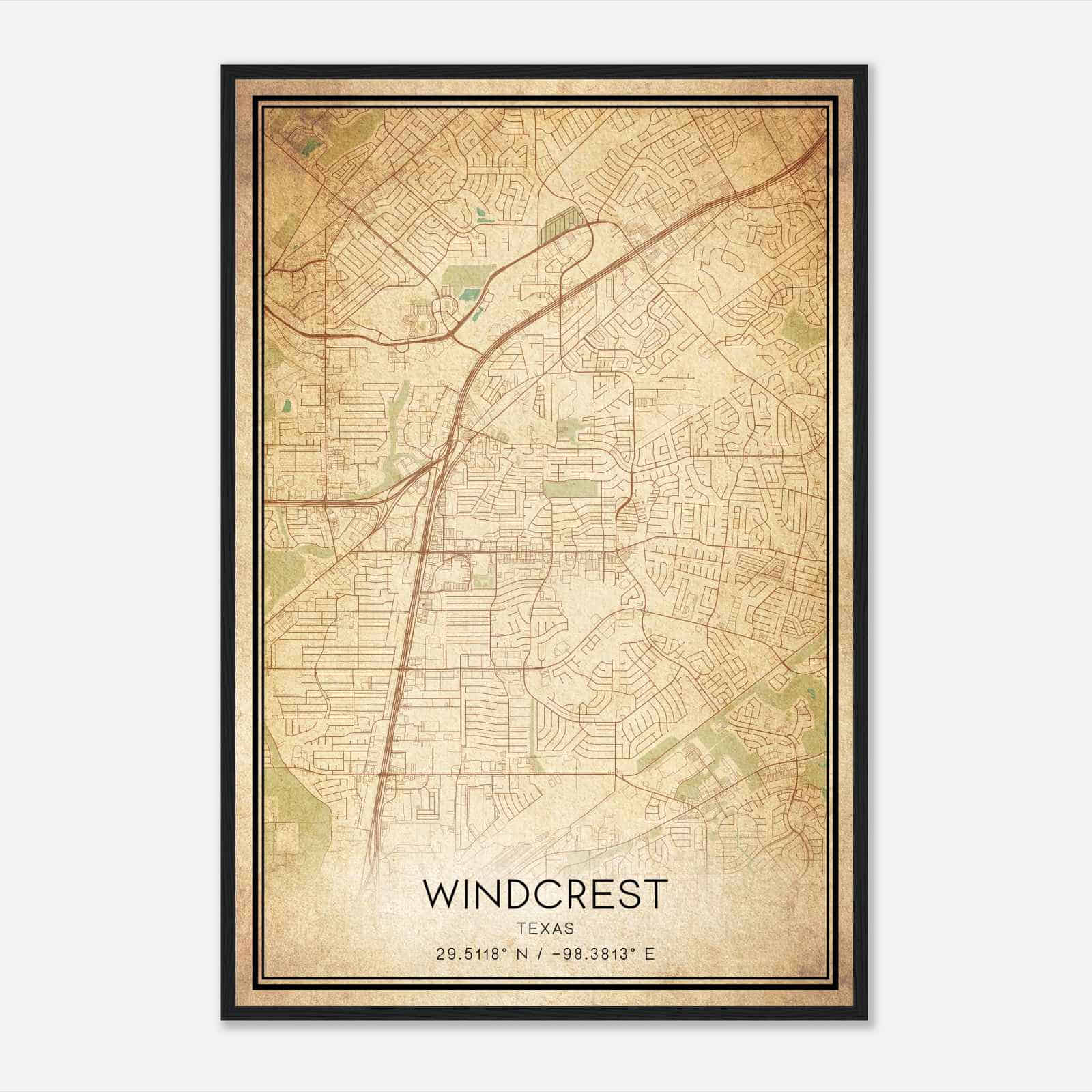 Vintage Windcrest Texas Map Poster, Modern Home Decor Wall Art Print