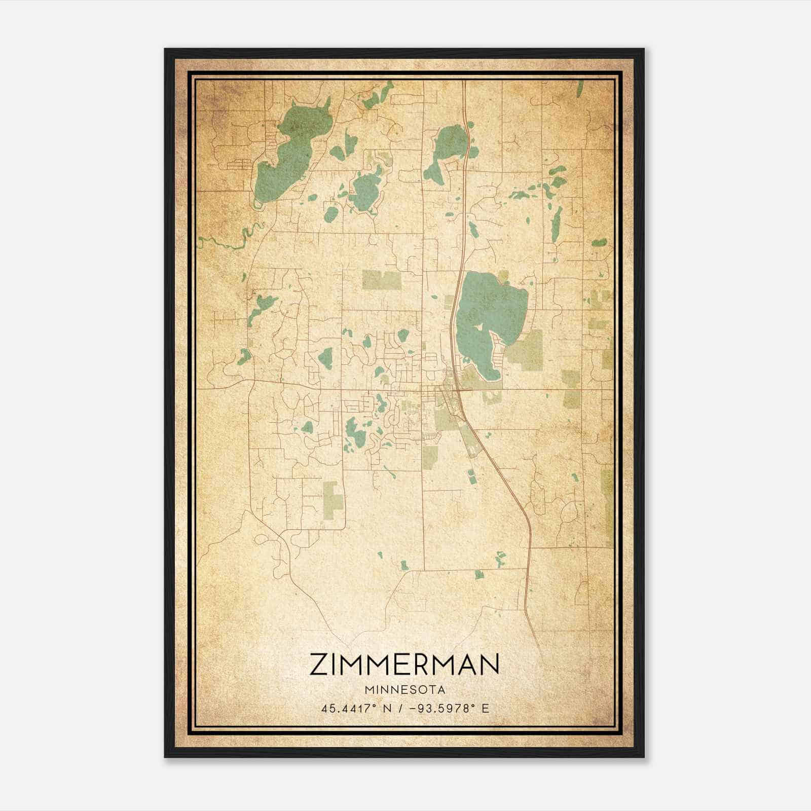 Vintage Zimmerman Minnesota Map Poster, Modern Home Decor Wall Art Print