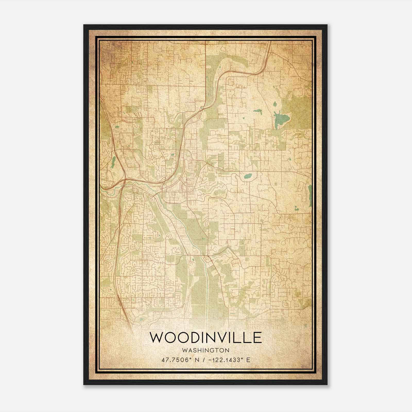 Vintage Woodinville Washington Map Poster, Modern Home Decor Wall Art Print