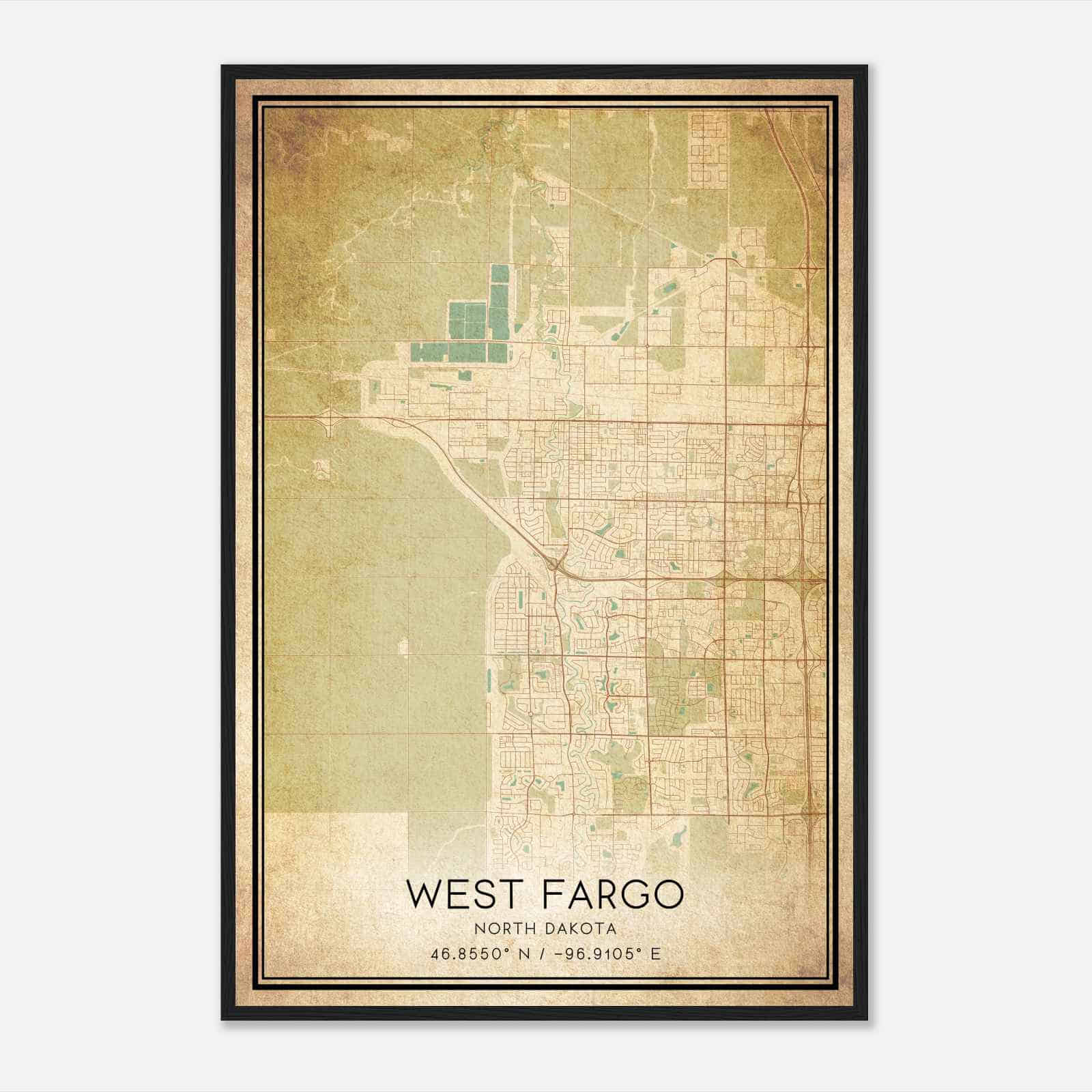 Vintage West Fargo North Dakota Map Poster, Modern Home Decor Wall Art Print