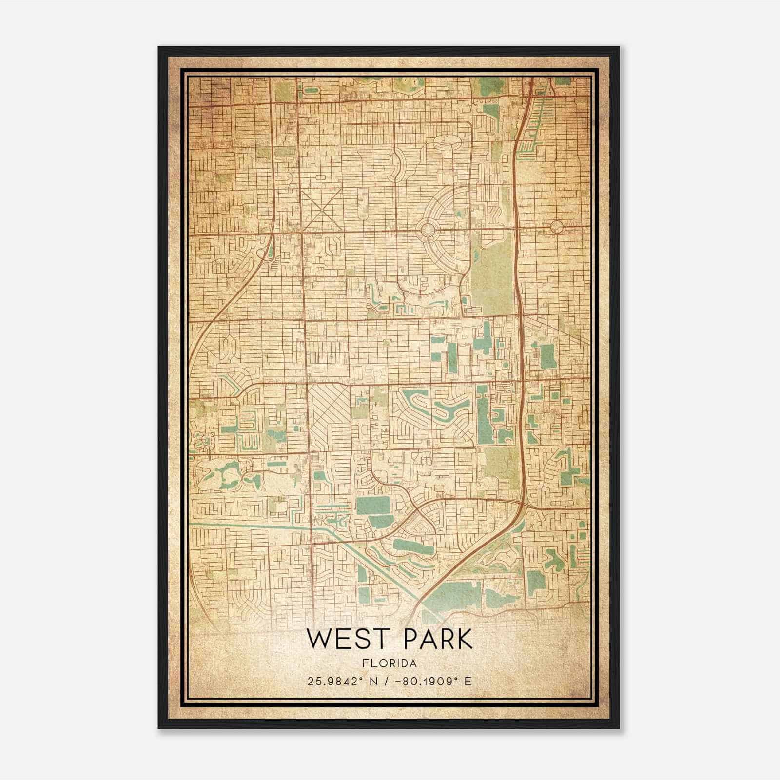 Vintage West Park Florida Map Poster, Modern Home Decor Wall Art Print