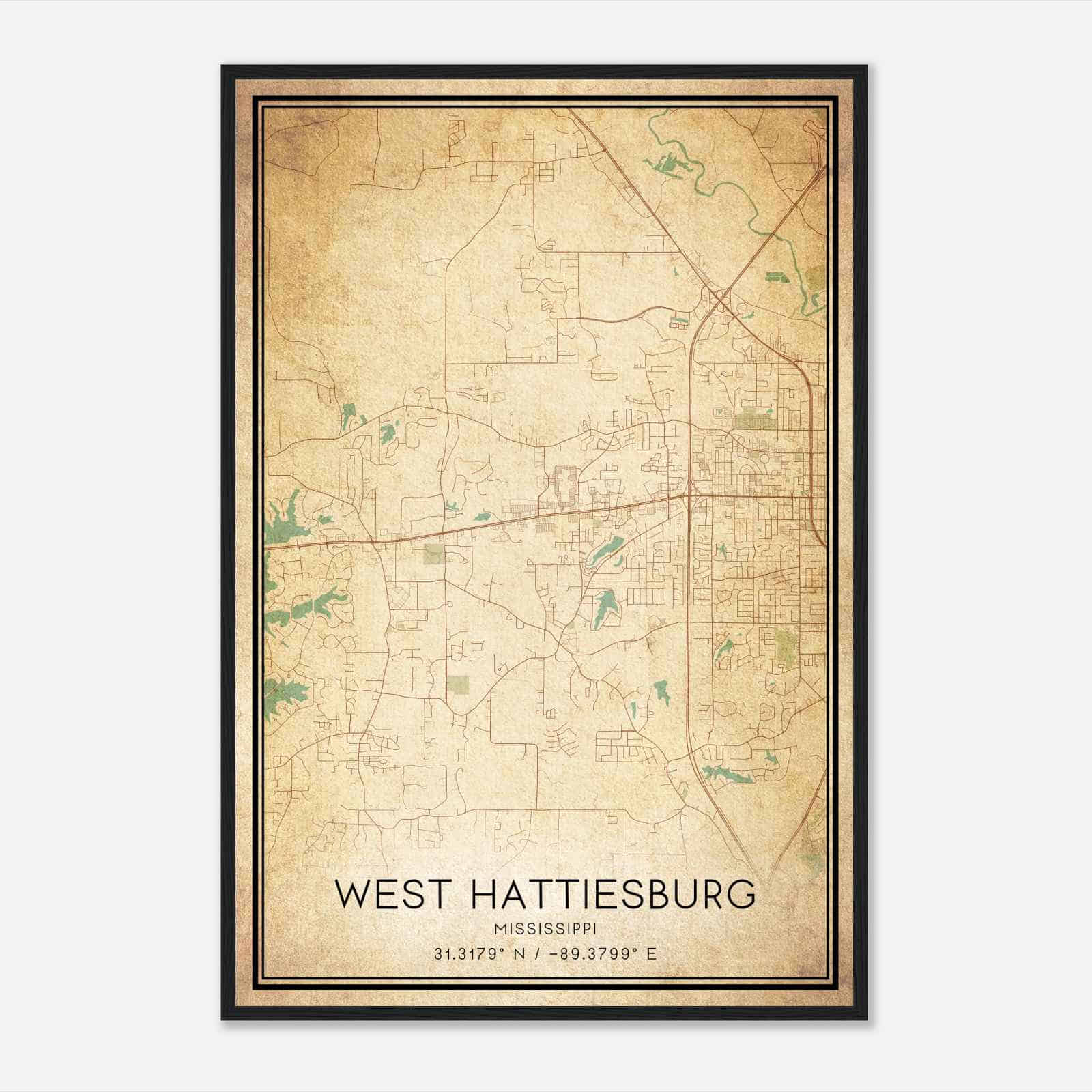 Vintage West Hattiesburg Mississippi Map Poster, Modern Home Decor Wall Art Print