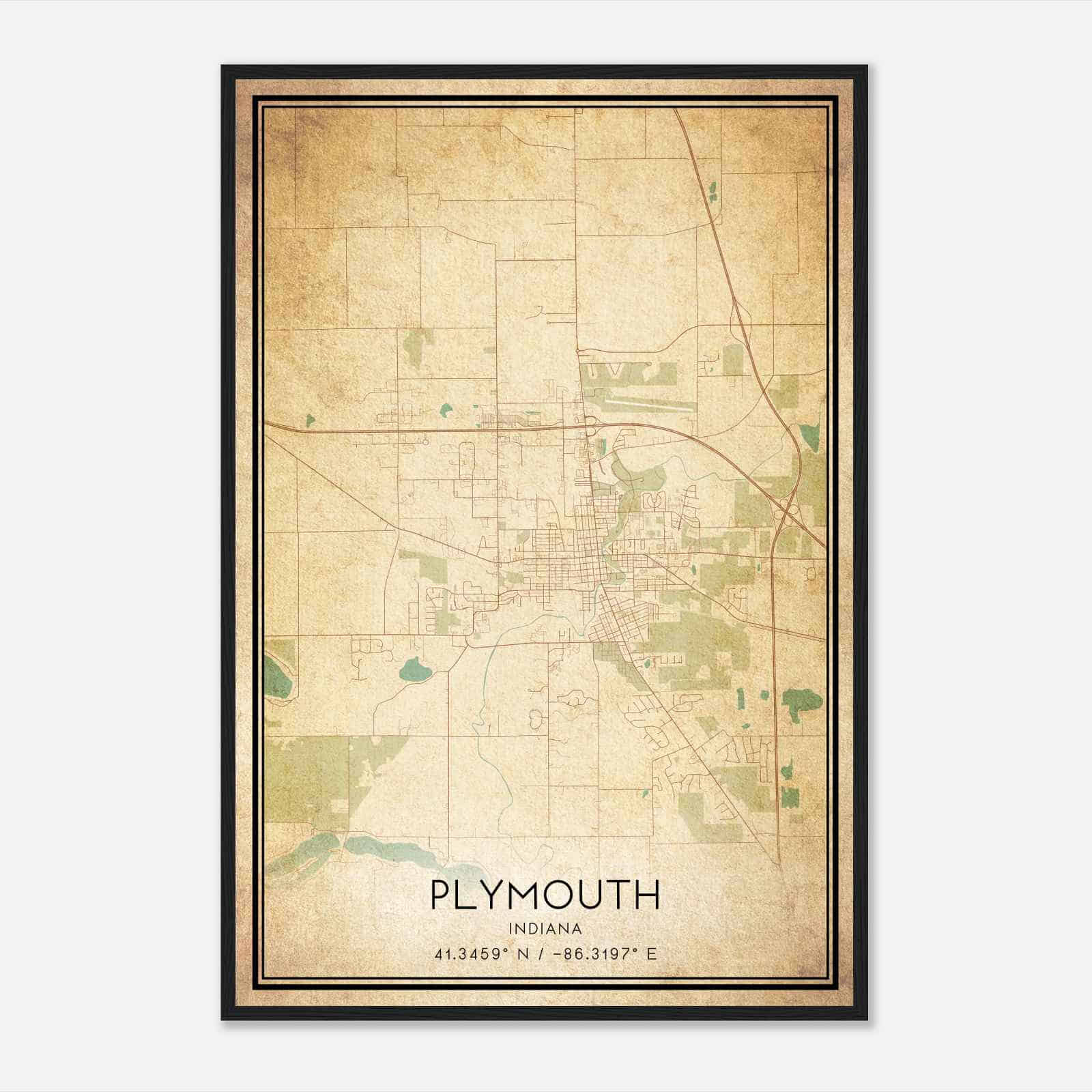 Vintage Plymouth Indiana Map Poster, Modern Home Decor Wall Art Print