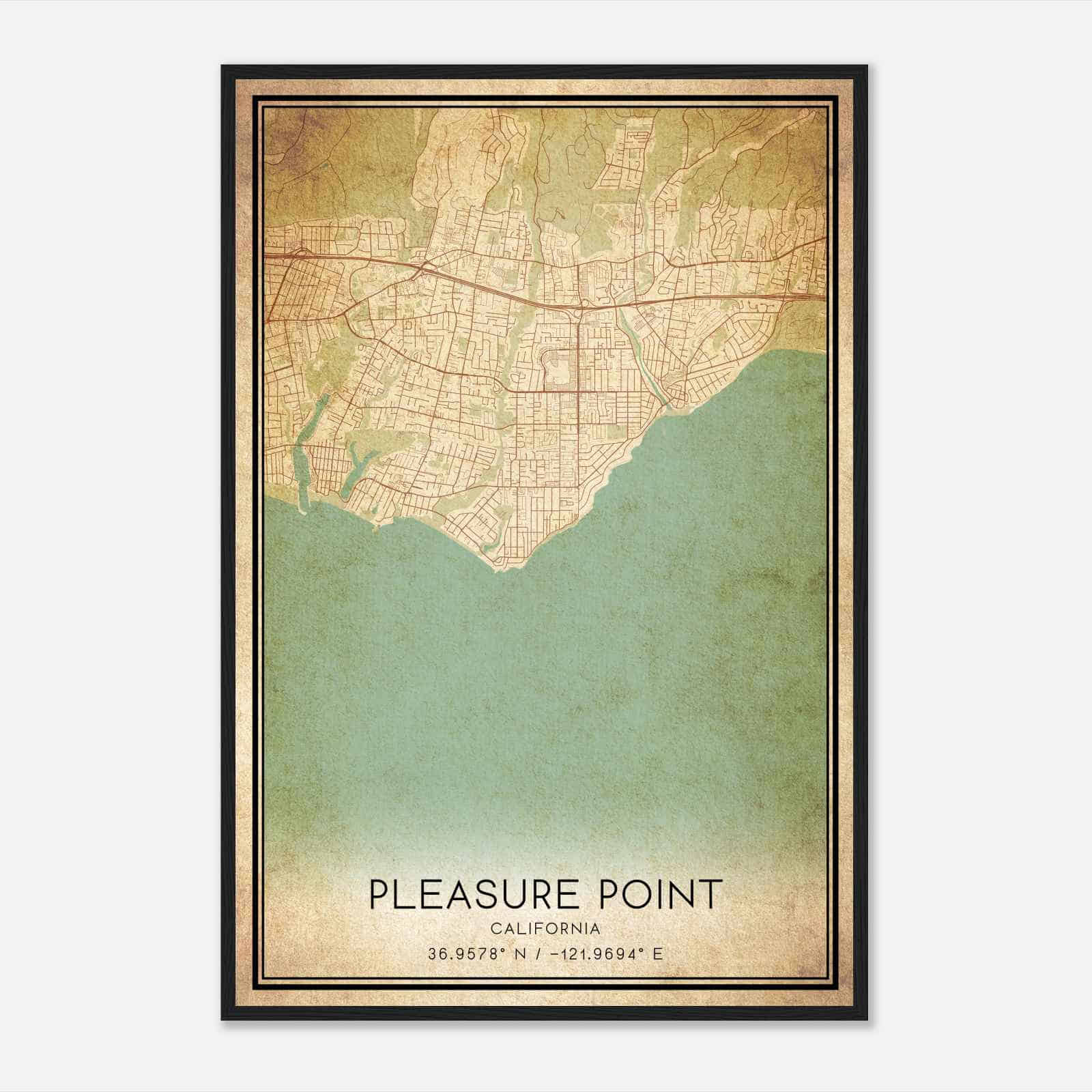 Vintage Pleasure Point California Map Poster, Modern Home Decor Wall Art Print