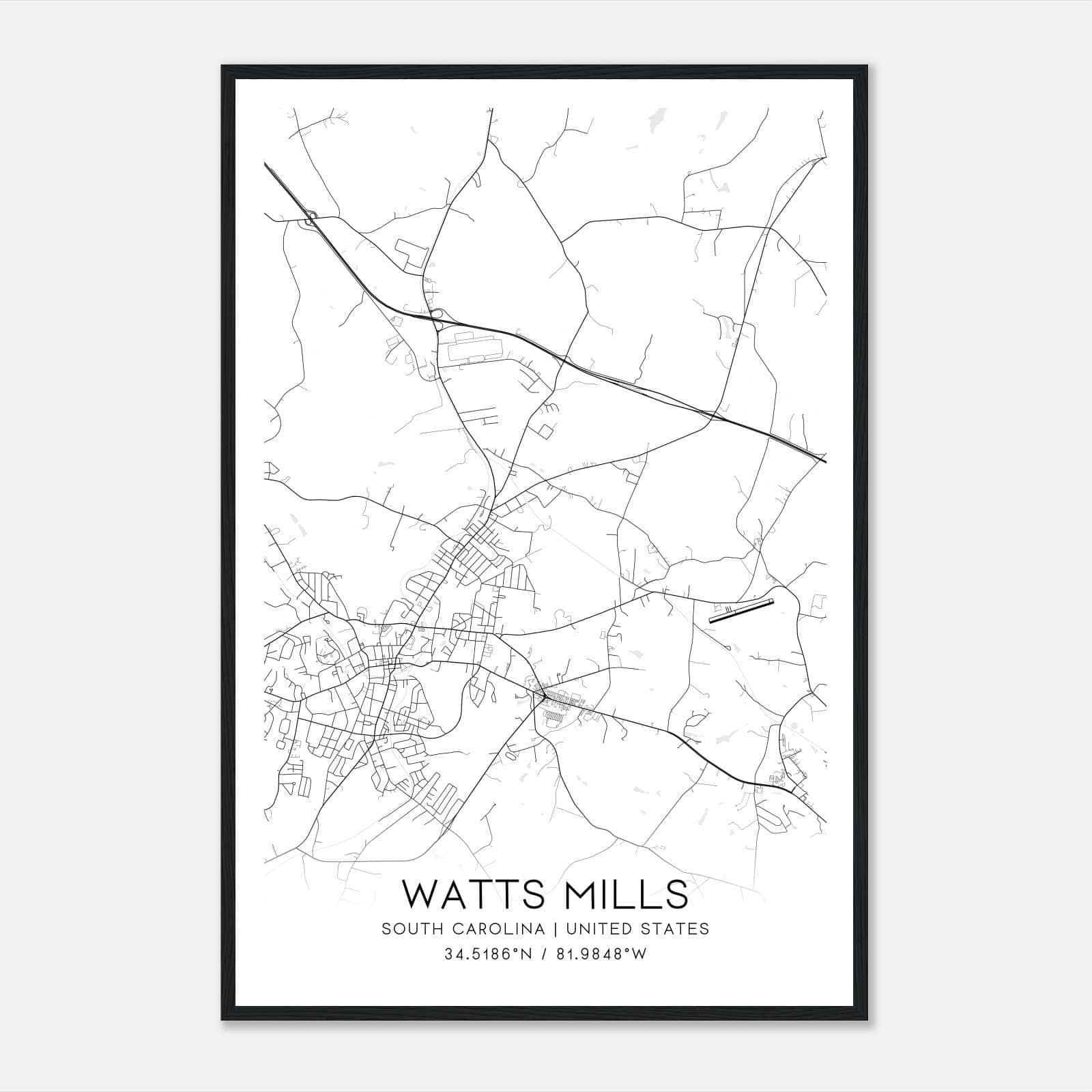 Watts Mills South Carolina Map Poster, Modern Home Decor Wall Art Print Watts Mills South Carolina Map Poster, Modern Home Decor Wall Art Print