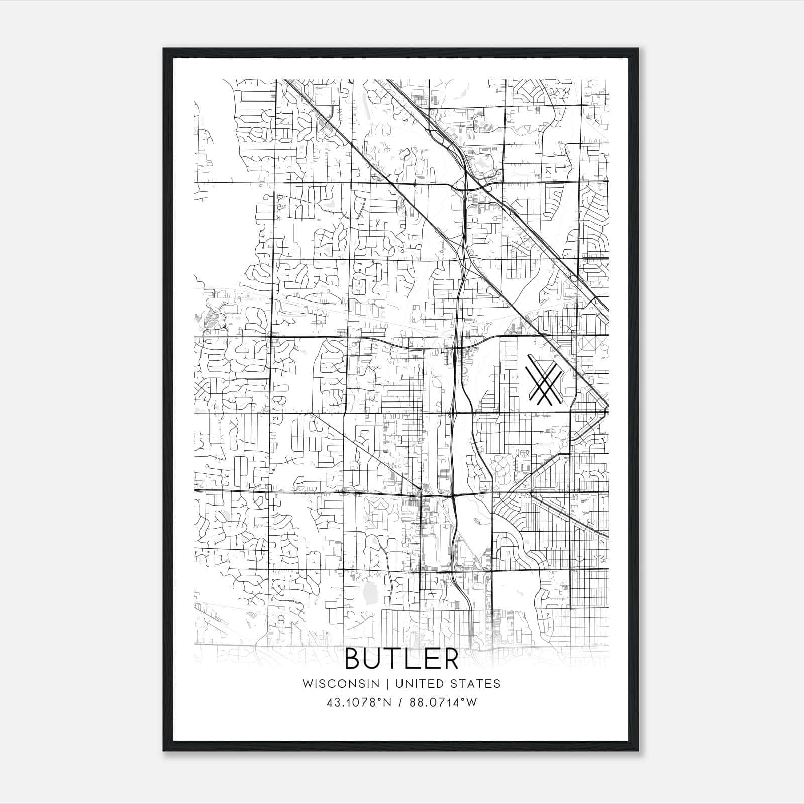 Butler Wisconsin Map Poster, Modern Home Decor Wall Art Print Butler Wisconsin Map Poster, Modern Home Decor Wall Art Print