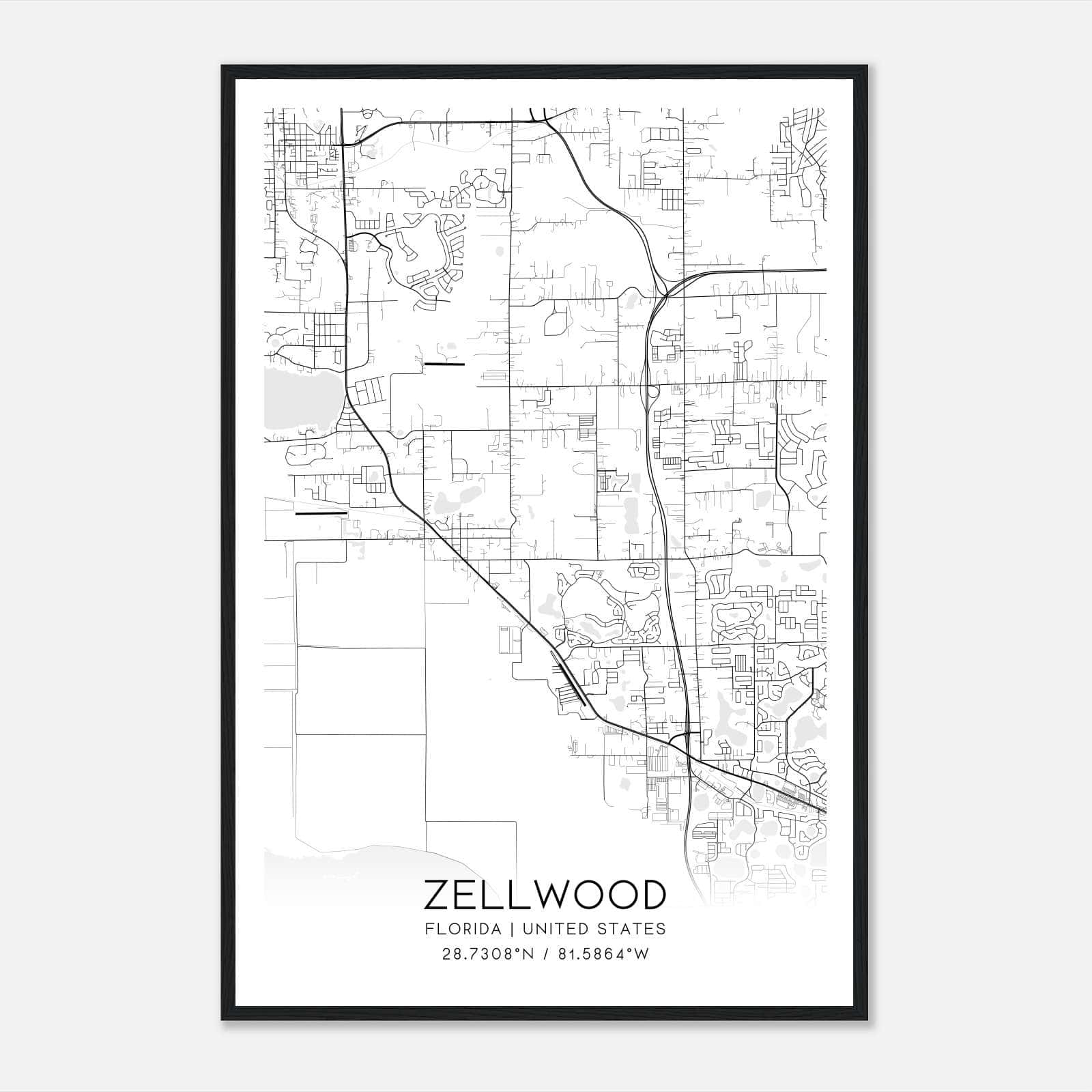 Zellwood Florida Map Poster, Modern Home Decor Wall Art Print