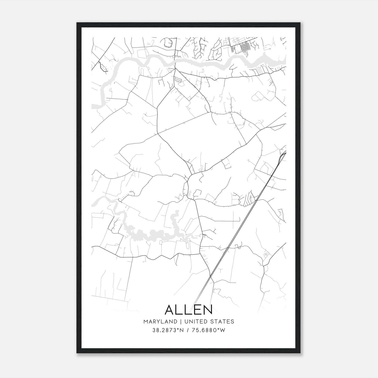 Allen Maryland Map Poster, Modern Home Decor Wall Art Print Allen Maryland Map Poster, Modern Home Decor Wall Art Print