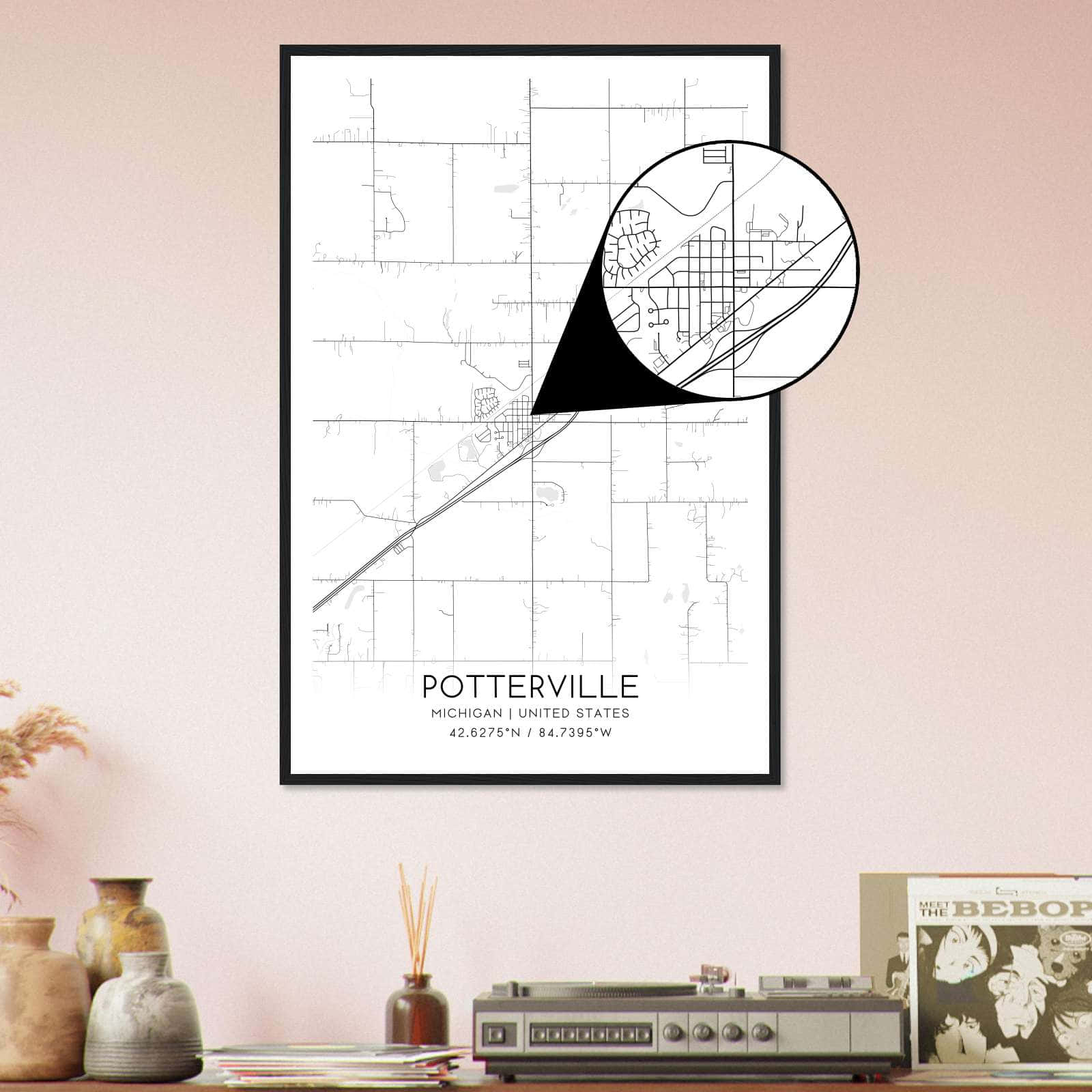 Potterville Michigan Map Poster, Modern Home Decor Wall Art Print 
