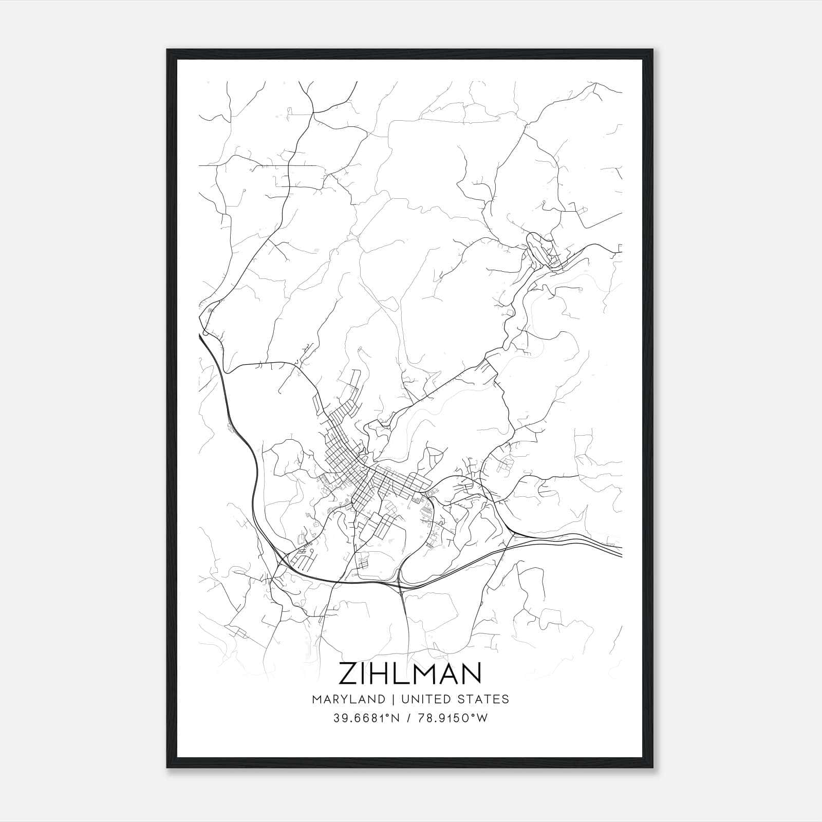 Zihlman Maryland Map Poster, Modern Home Decor Wall Art Print