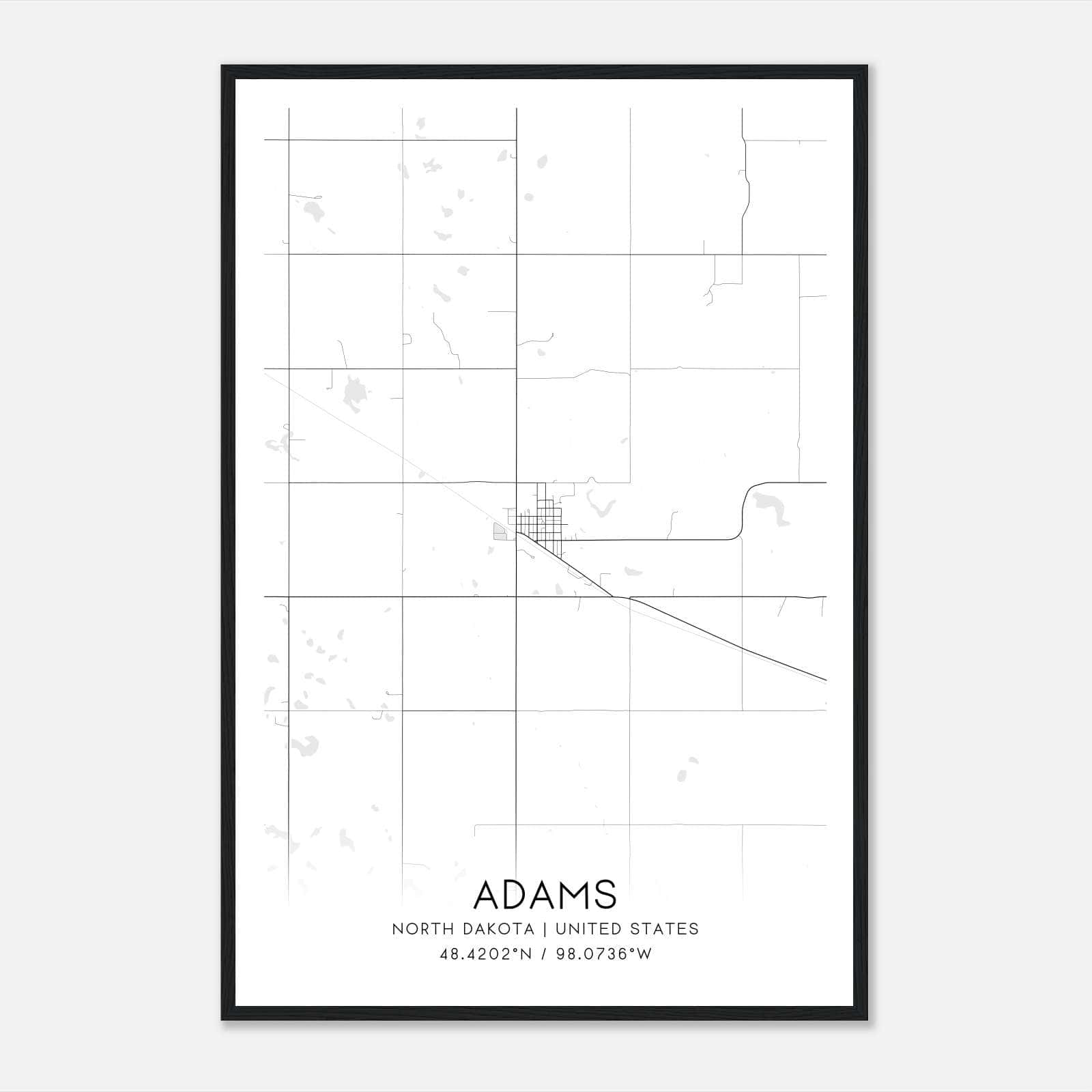 Adams North Dakota Map Poster, Modern Home Decor Wall Art Print
