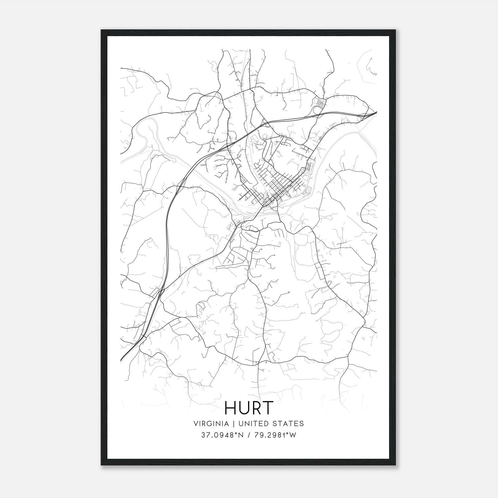 Hurt Virginia Map Poster, Modern Home Decor Wall Art Print Hurt Virginia Map Poster, Modern Home Decor Wall Art Print