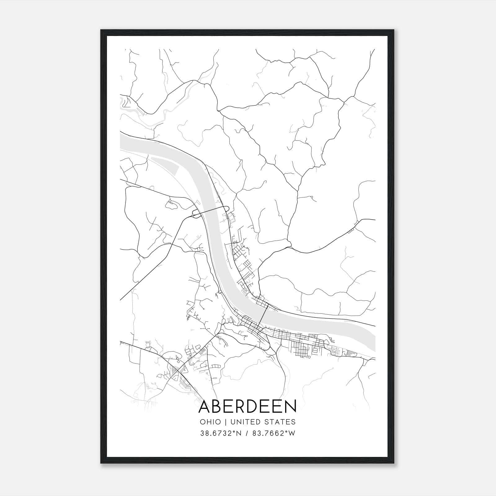Aberdeen Ohio Map Poster, Modern Home Decor Wall Art Print
