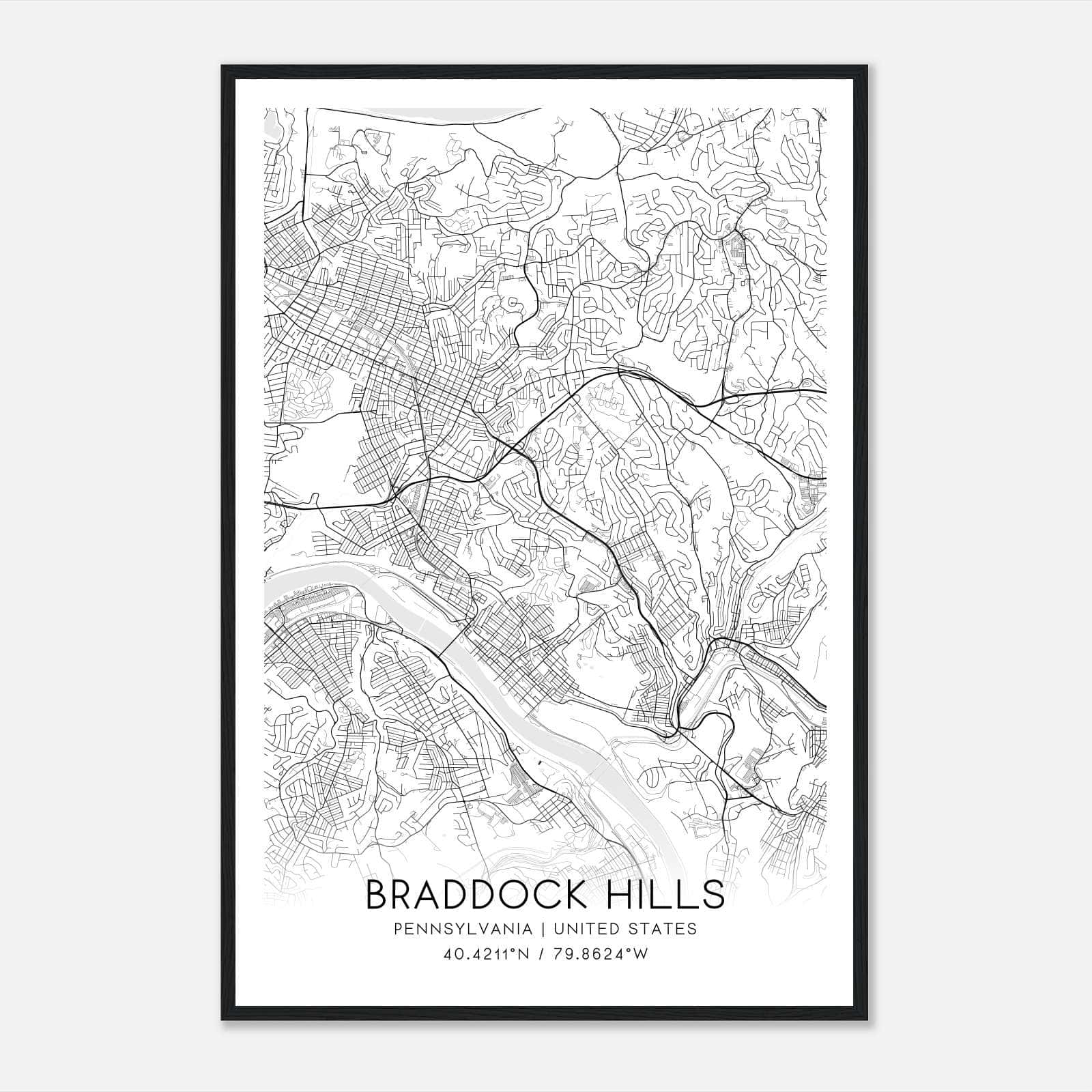 Braddock Hills Pennsylvania Map Poster, Modern Home Decor Wall Art Print Braddock Hills Pennsylvania Map Poster, Modern Home Decor Wall Art Print
