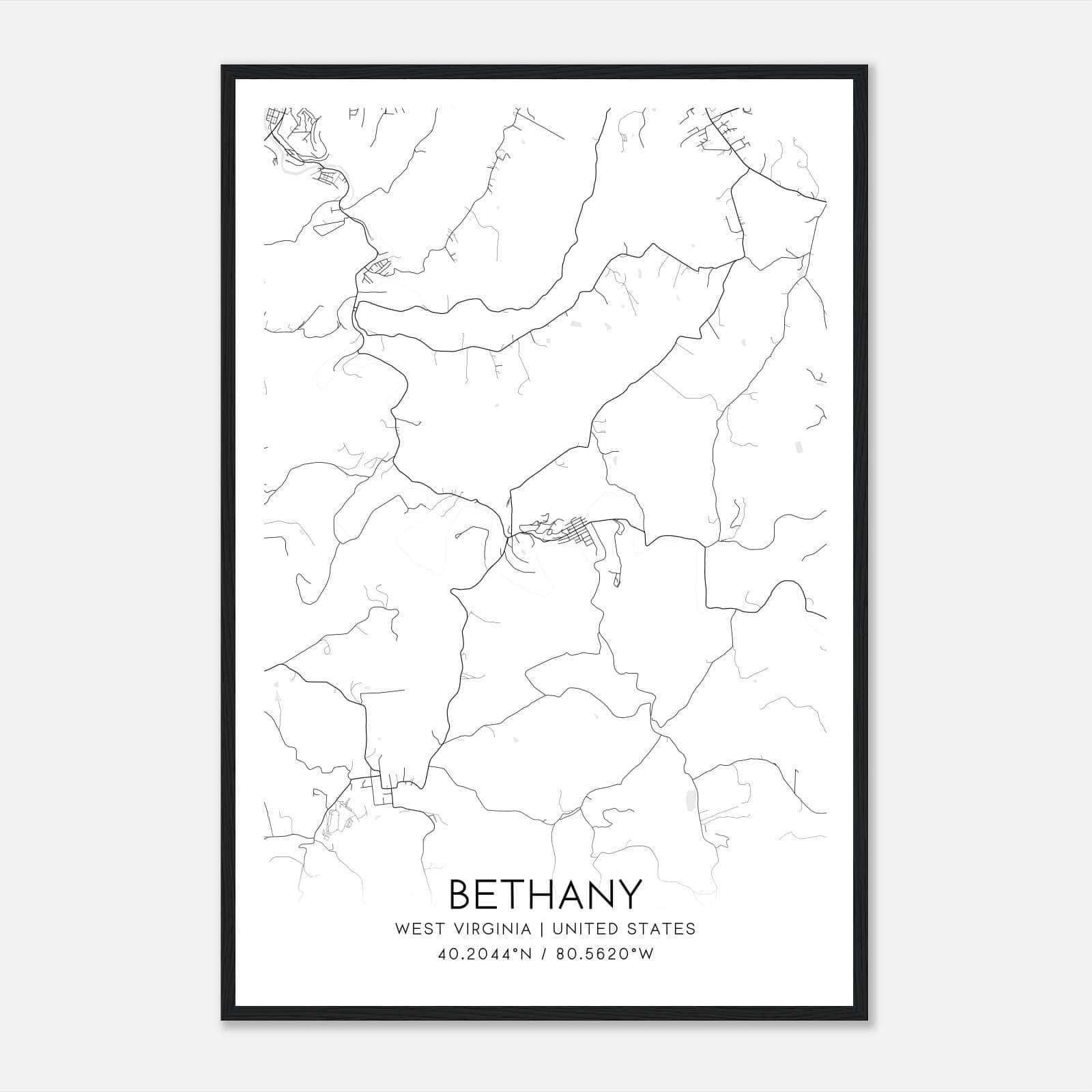 Bethany West Virginia Map Poster, Modern Home Decor Wall Art Print Bethany West Virginia Map Poster, Modern Home Decor Wall Art Print