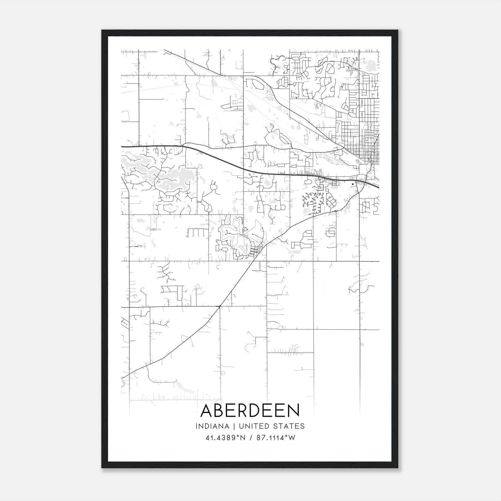 Aberdeen Indiana Map Poster, Modern Home Decor Wall Art Print