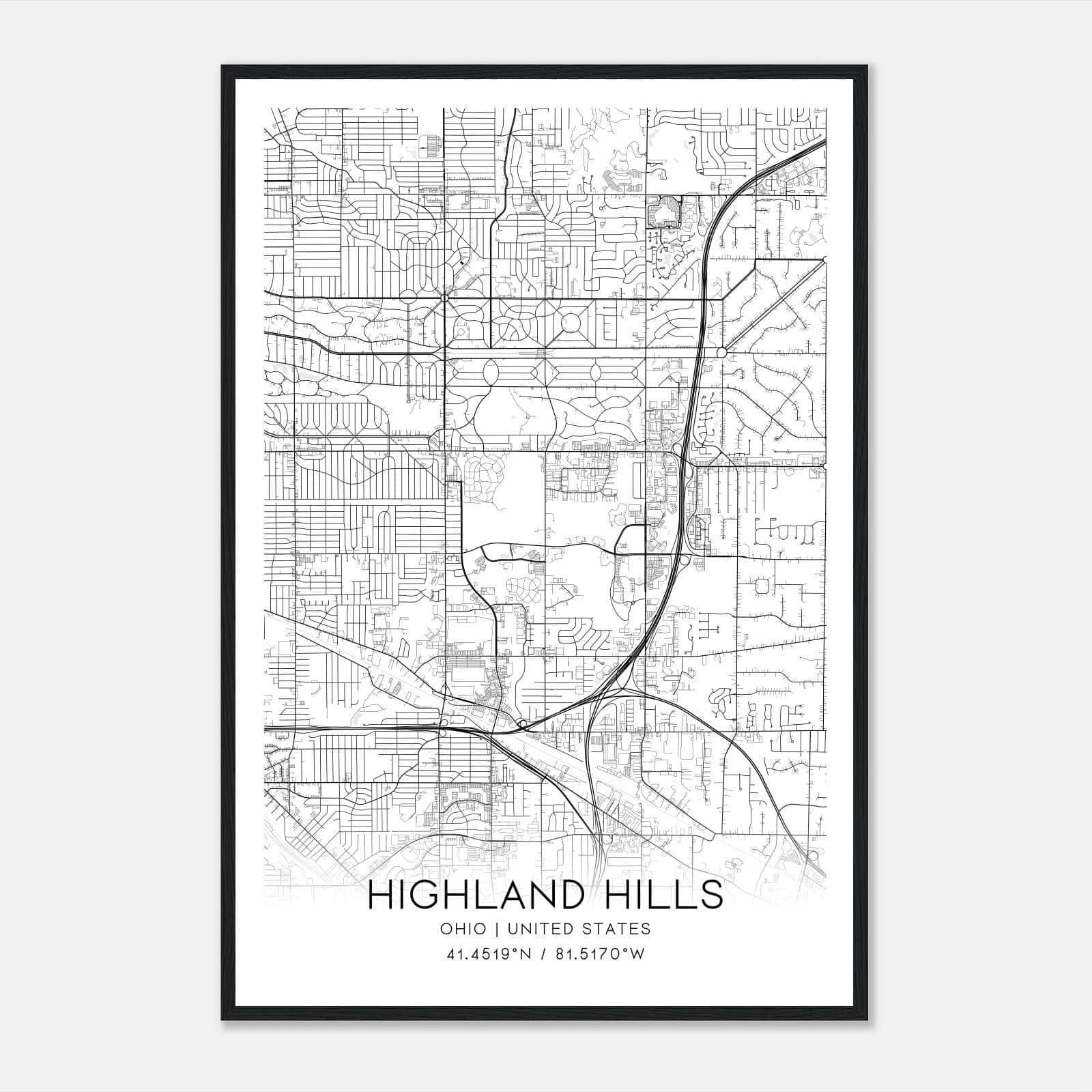 Highland Hills Ohio Map Poster, Modern Home Decor Wall Art Print Highland Hills Ohio Map Poster, Modern Home Decor Wall Art Print