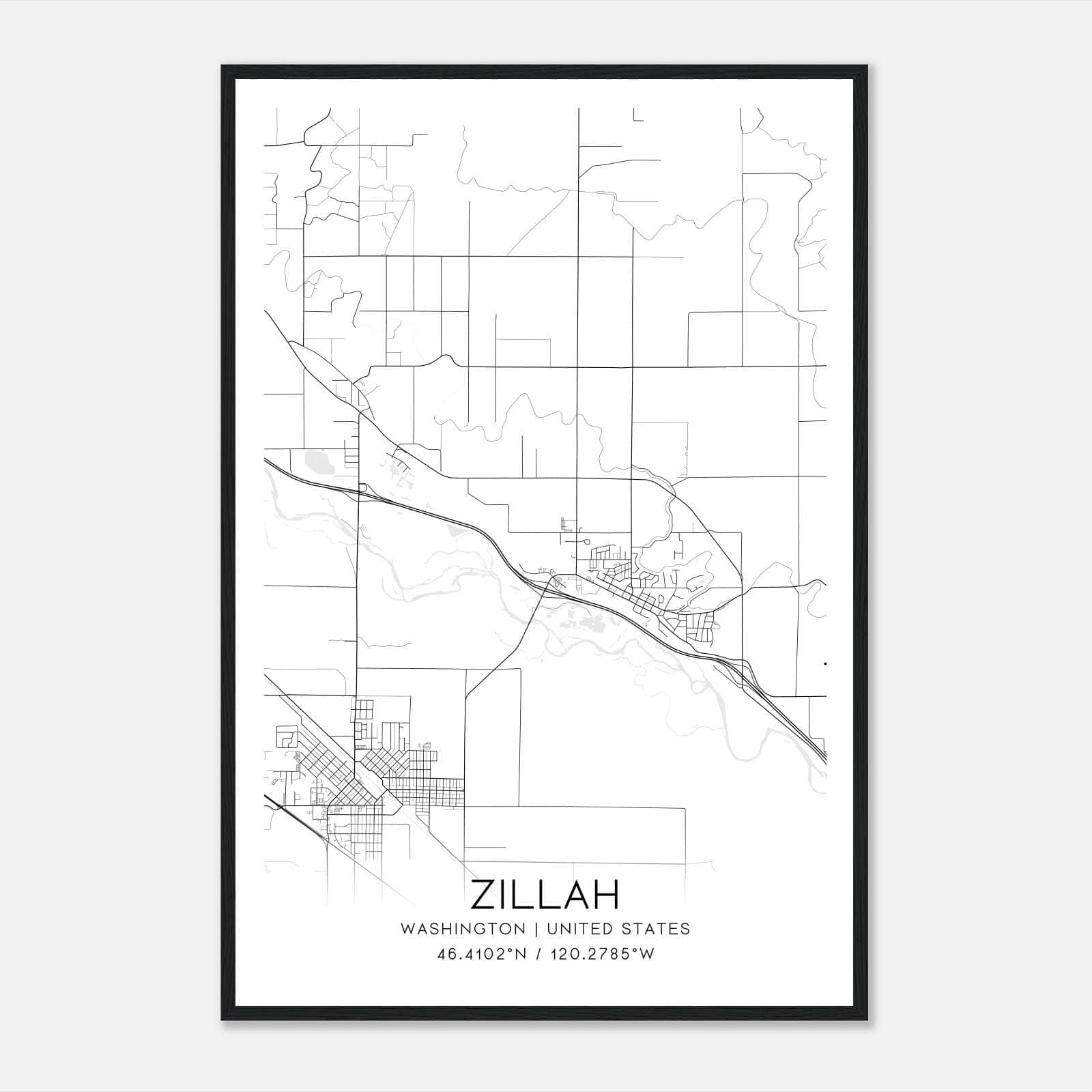 Zillah Washington Map Poster, Modern Home Decor Wall Art Print