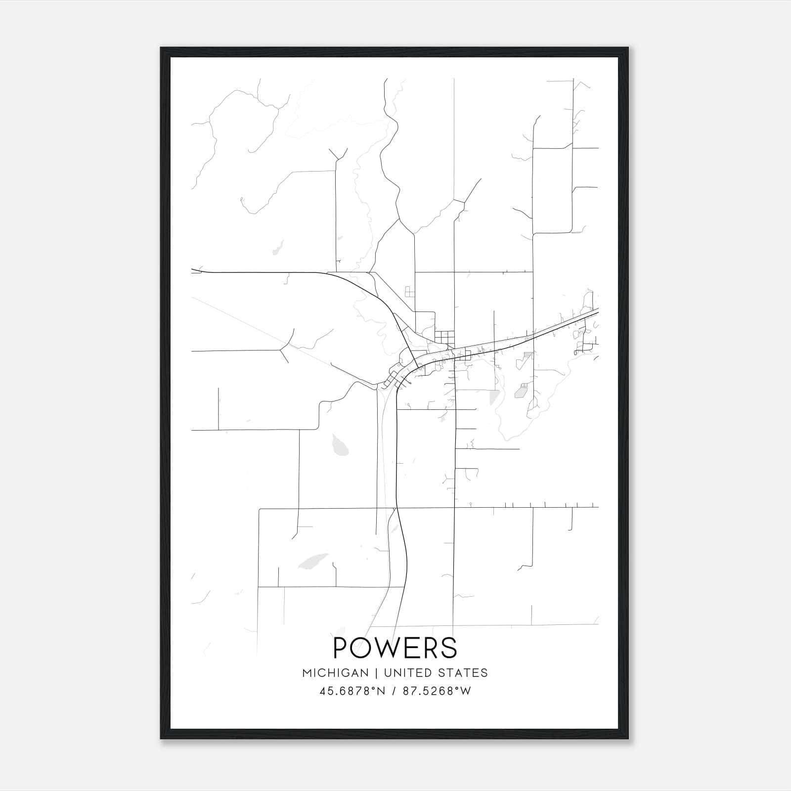Powers Michigan Map Poster, Modern Home Decor Wall Art Print Powers Michigan Map Poster, Modern Home Decor Wall Art Print